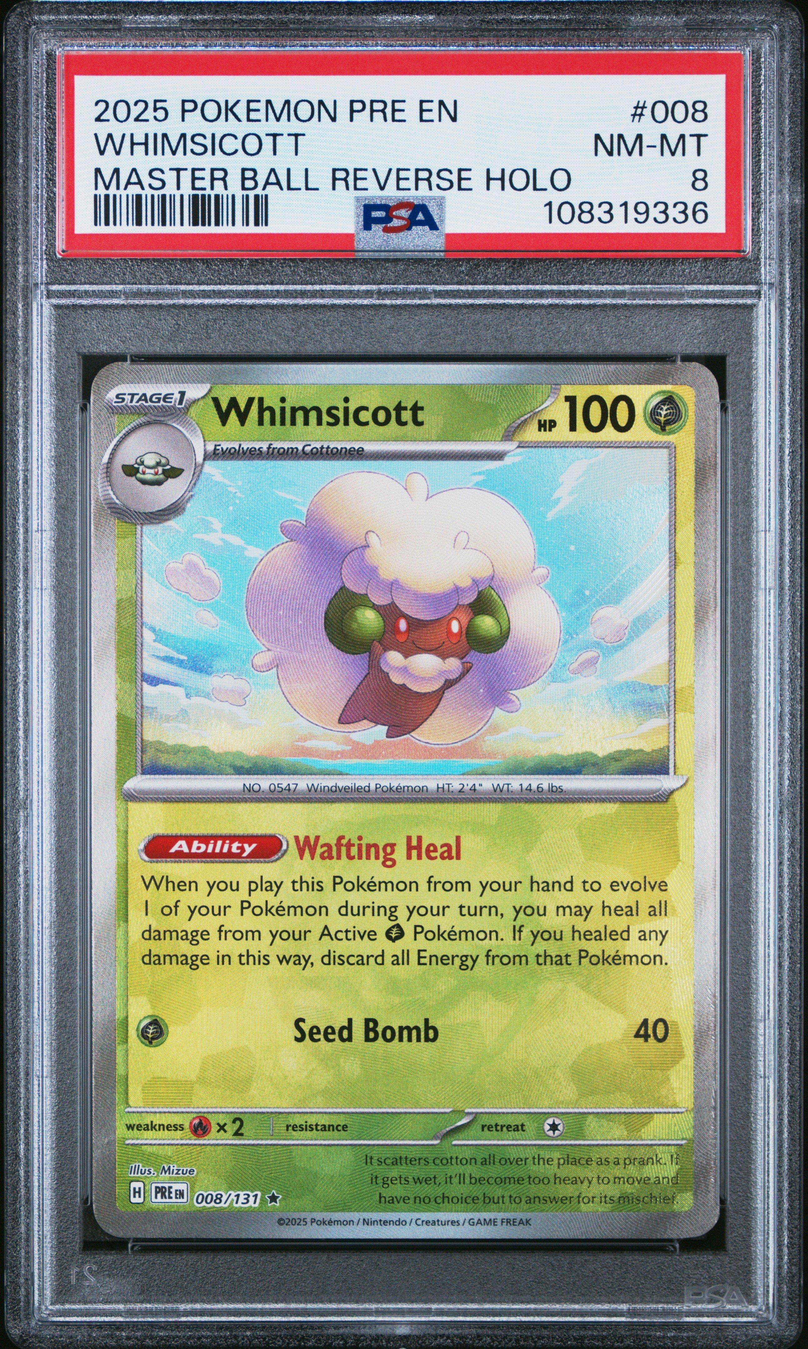 2025 Pokemon Pre En-prismatic Evolutions 008 Whimsicott Master Ball Reverse Holo PSA