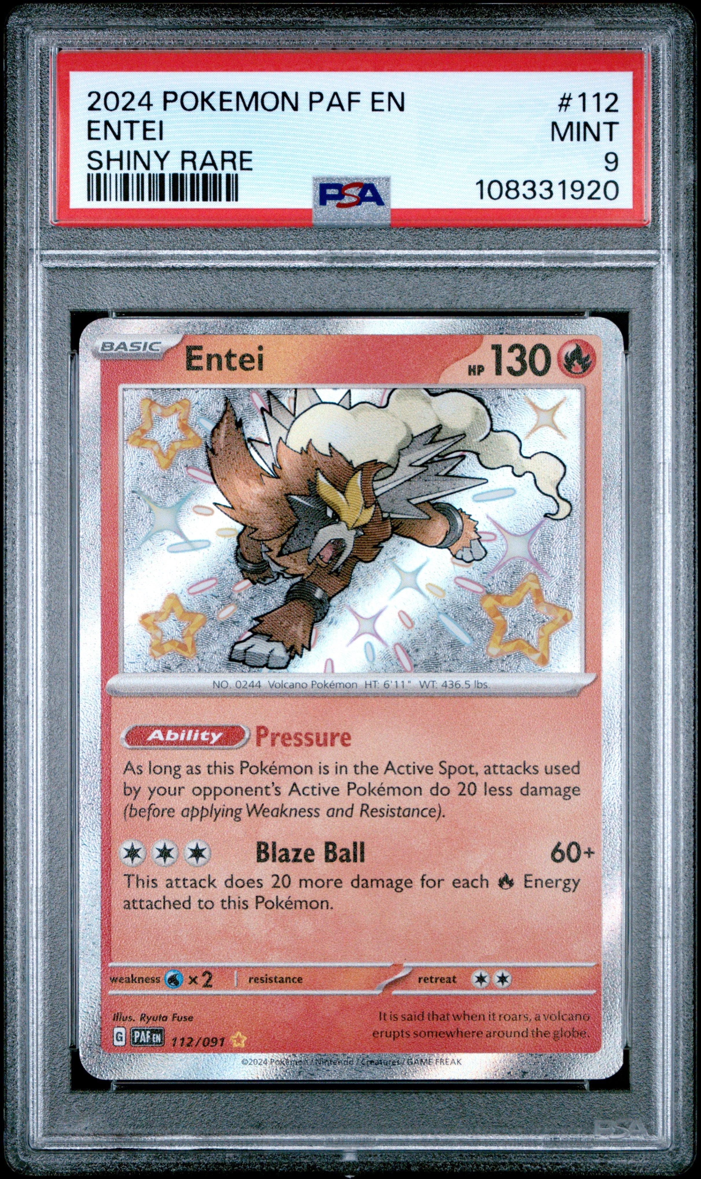 2024 Pokemon Paf En-paldean Fates 112 Entei Shiny Rare PSA