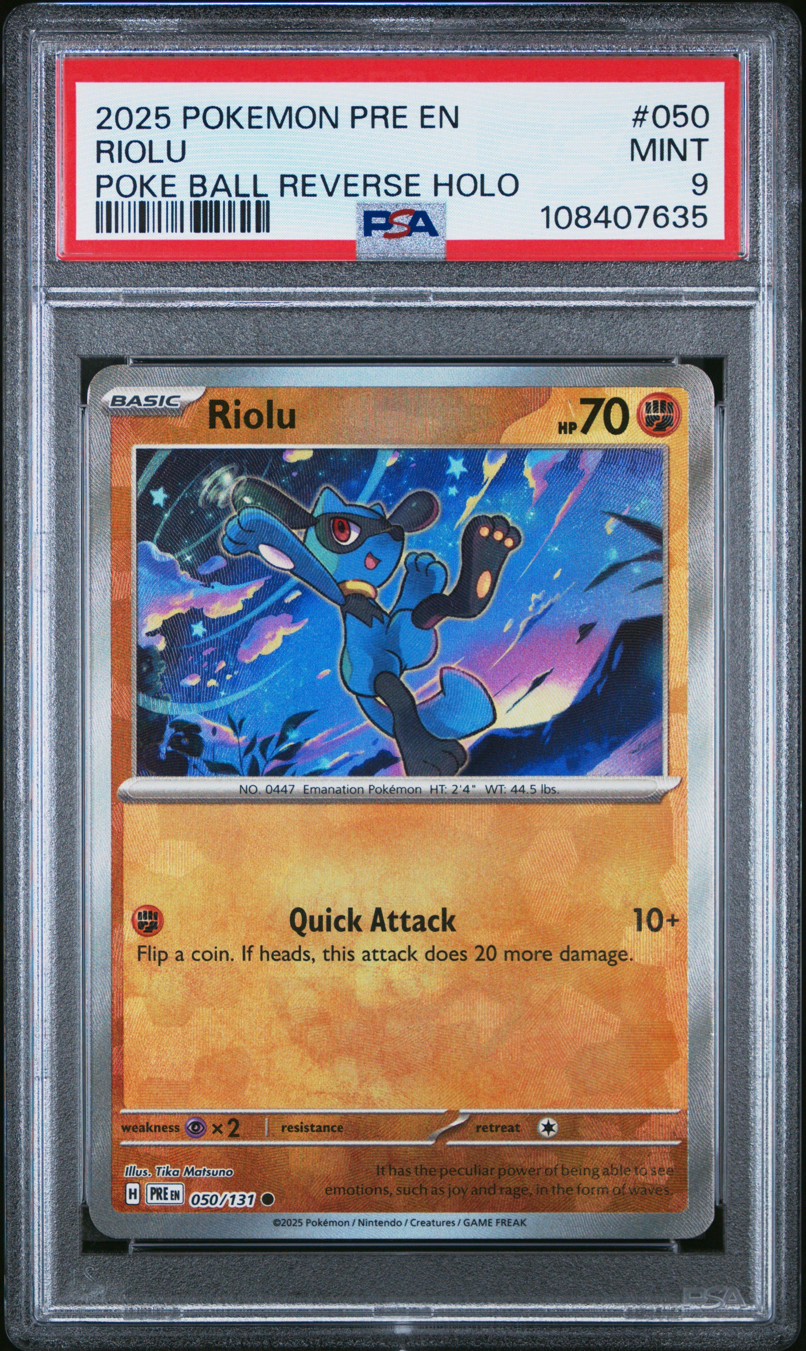 2025 Pokemon Pre En-prismatic Evolutions 050 Riolu Poke Ball Reverse Holo PSA