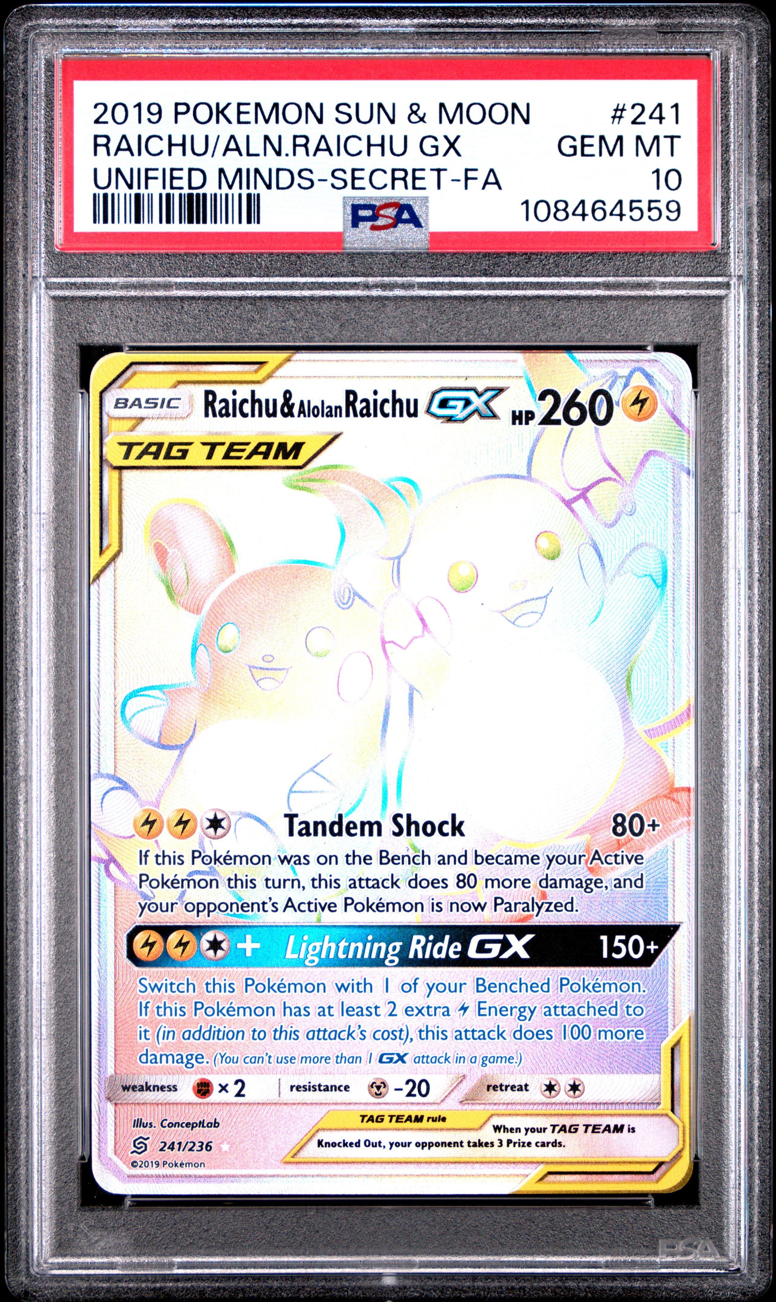 2019 Pokemon Sun & Moon Unified Minds 241 Full Art/raichu & Alolan Raichu Gx Secret PSA 10