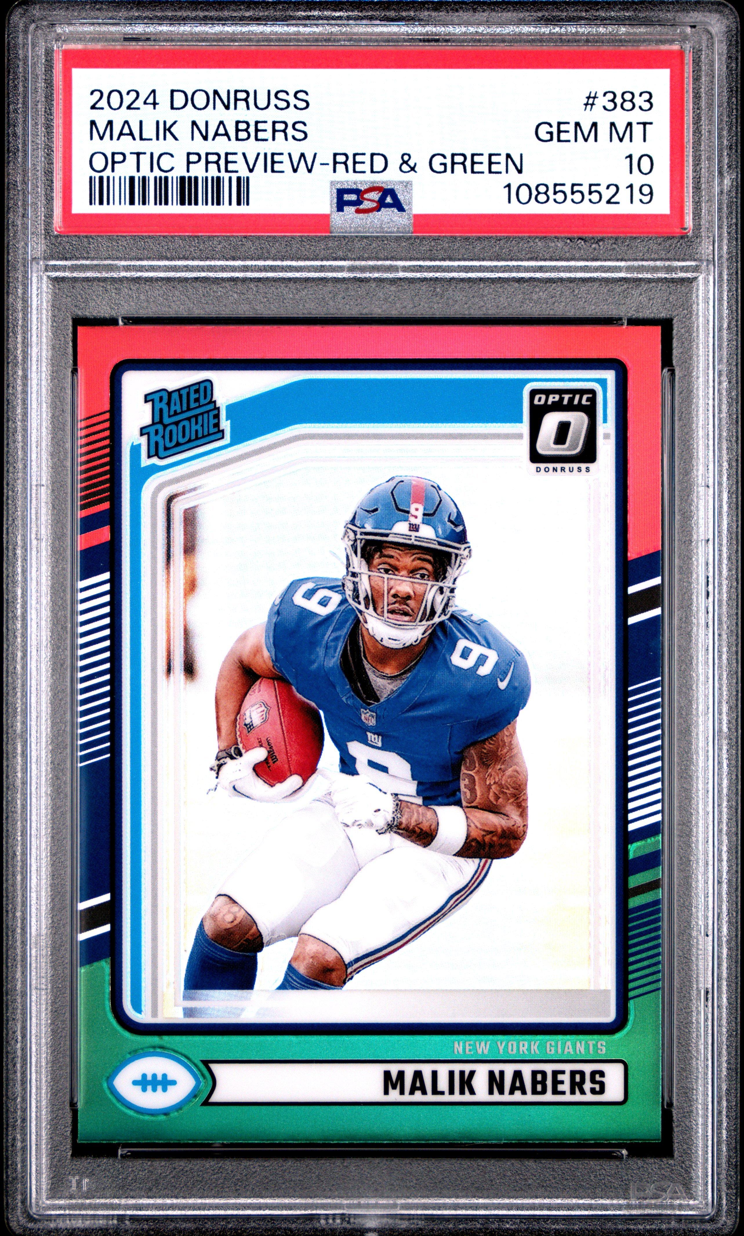 2024 Panini Donruss 383 Malik Nabers Optic Preview-red & Green PSA 10