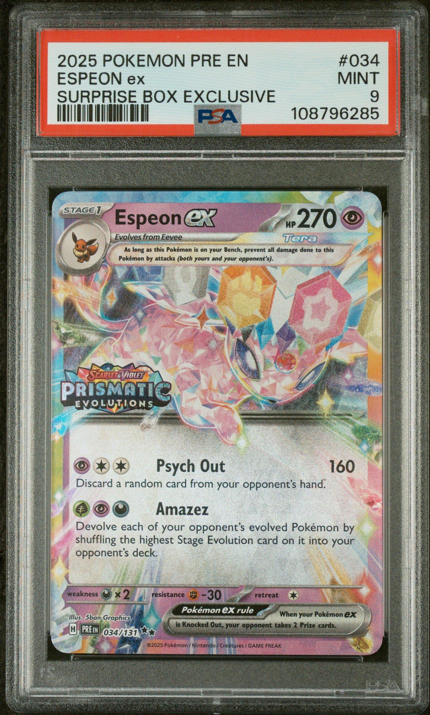 2025 Pokemon Pre En-prismatic Evolutions 034 Espeon Ex Surprise Box Exclusive PSA