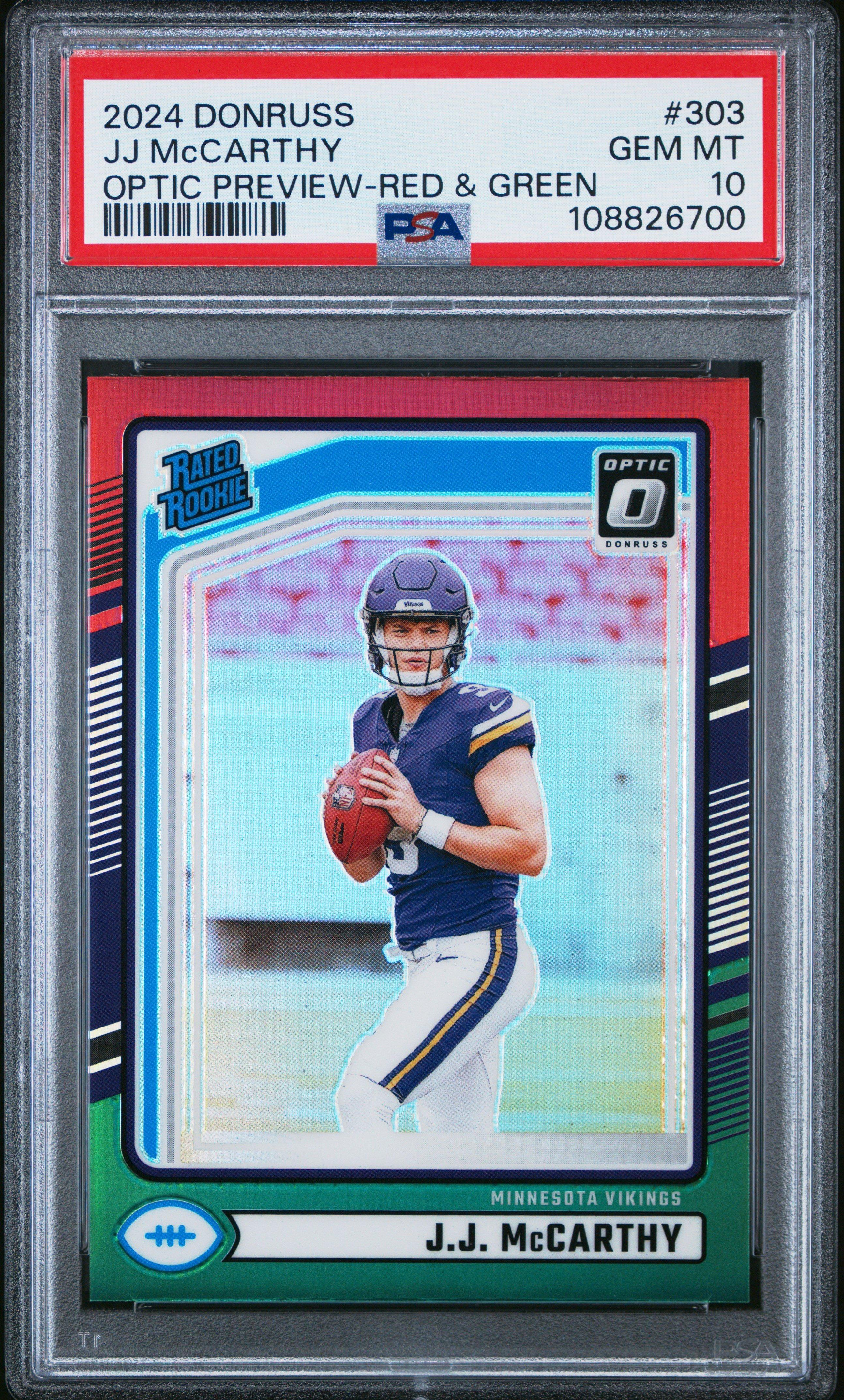 2024 Panini Donruss 303 Jj Mccarthy Optic Preview-red & Green PSA 10