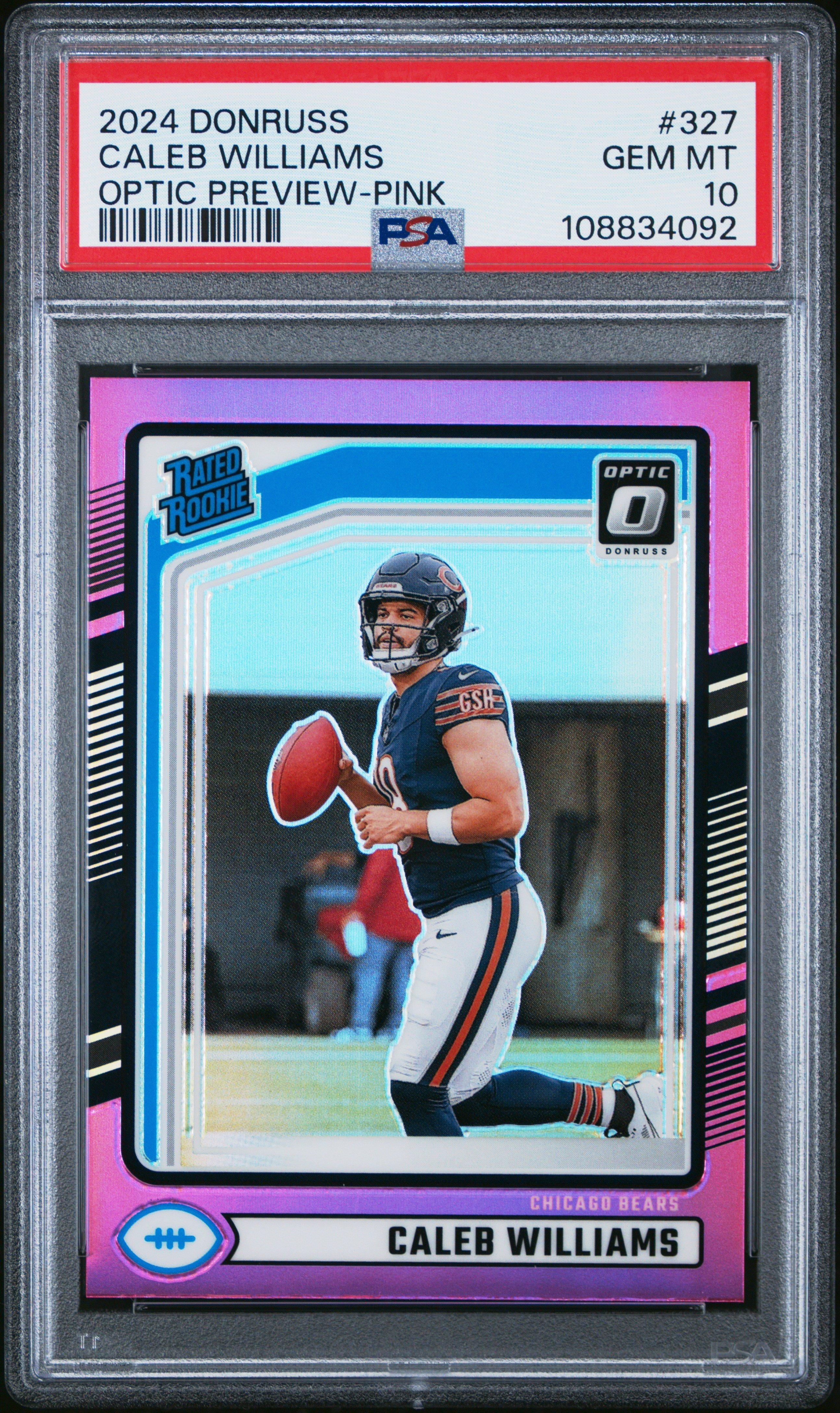 2024 Panini Donruss 327 Caleb Williams Optic Preview-pink PSA