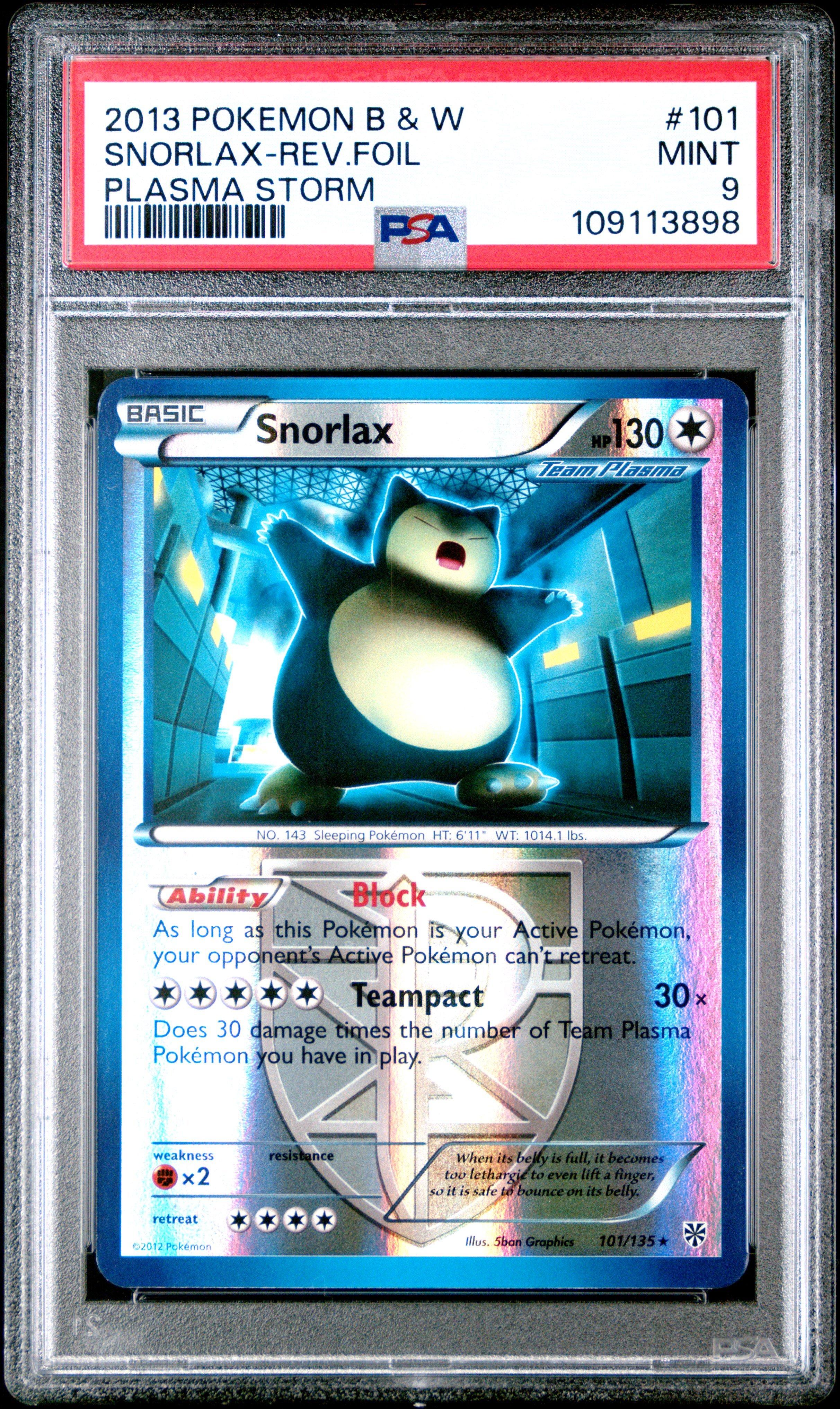 2013 Pokemon Black & White Plasma Storm 101 Snorlax-reverse Foil PSA 9
