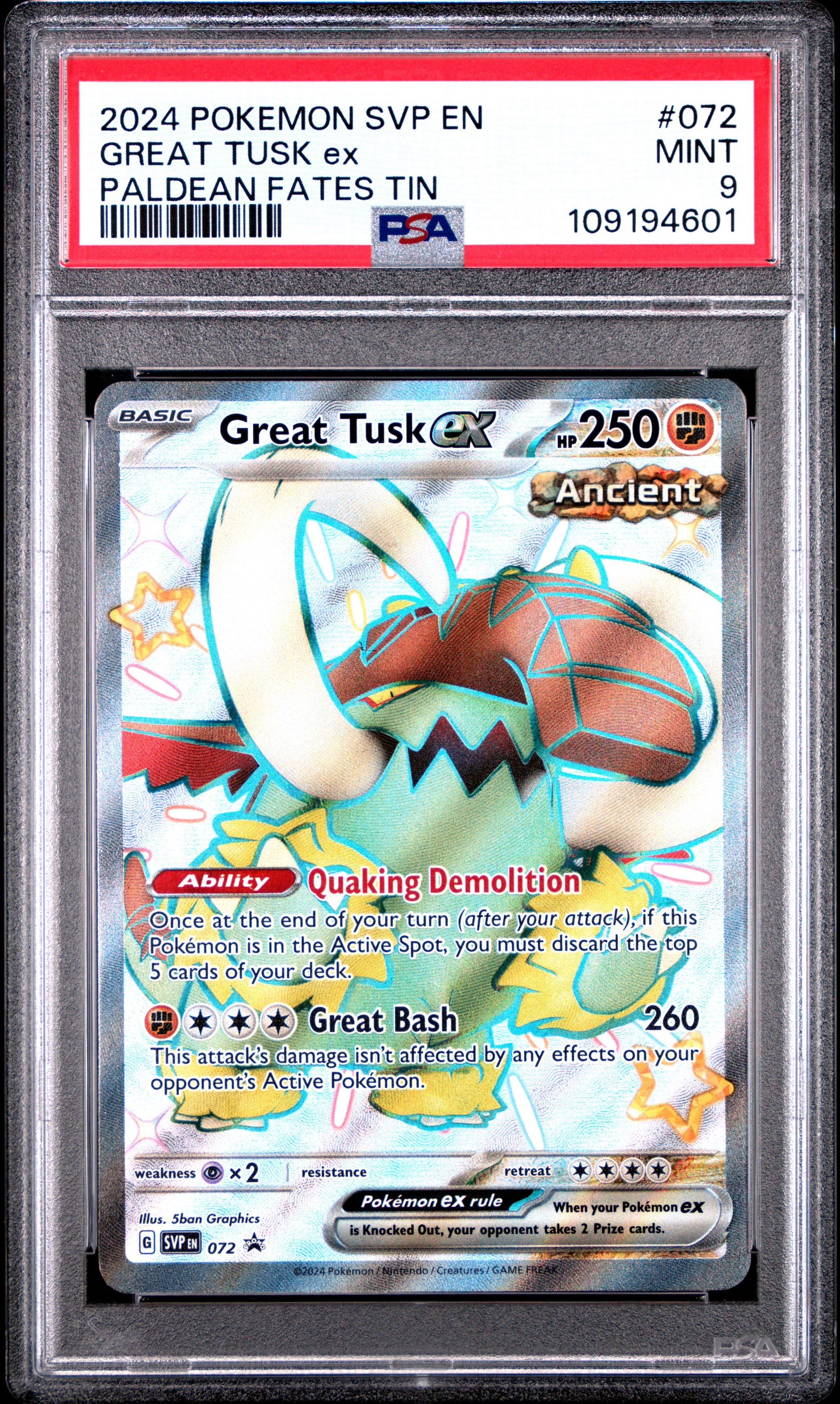 2024 Pokemon Svp En-sv Black Star Promo 072 Great Tusk Ex Paldean Fates Tin PSA