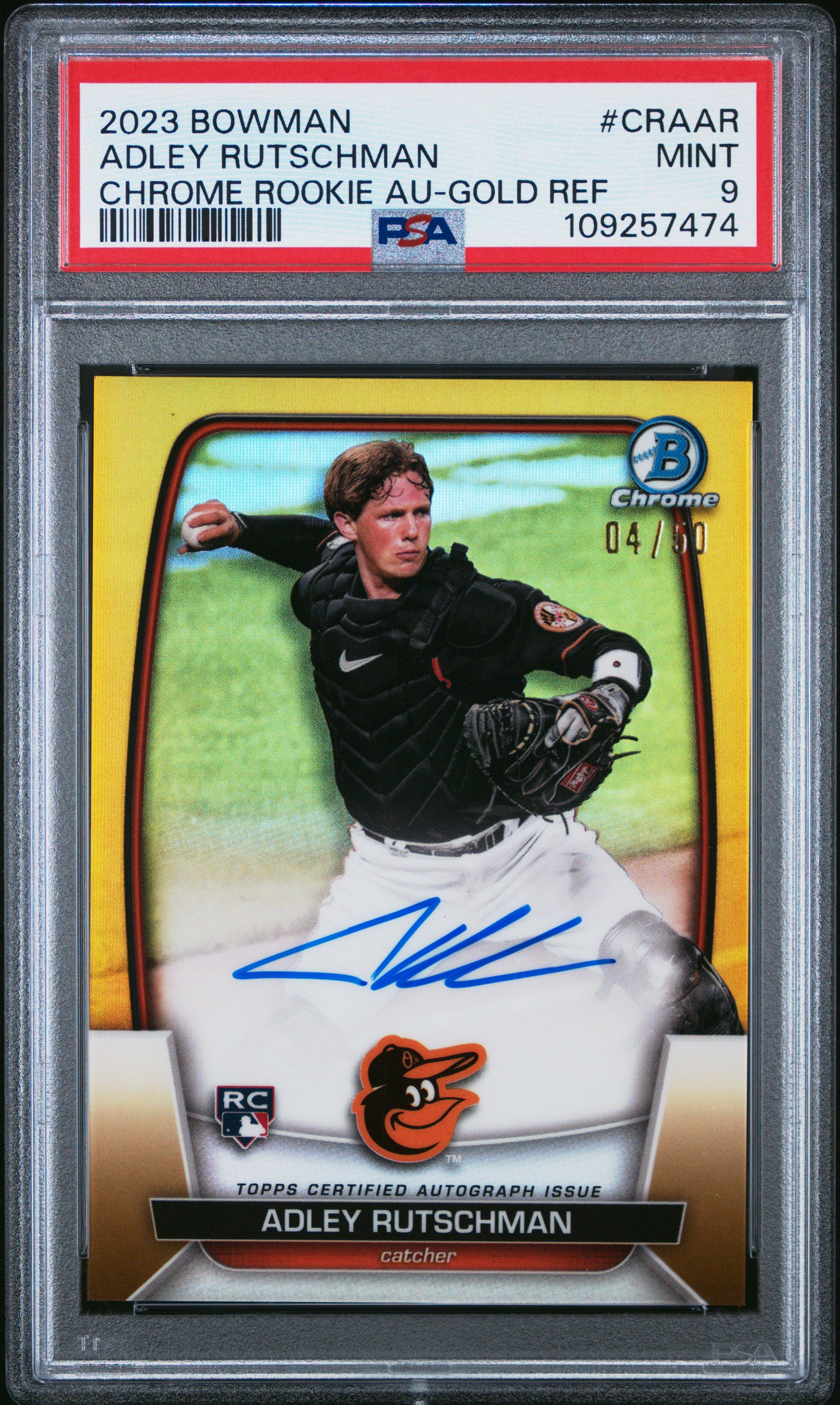 2023 Bowman Chrome Rookie Autographs Craar Adley Rutschman Gold Refractor PSA 9