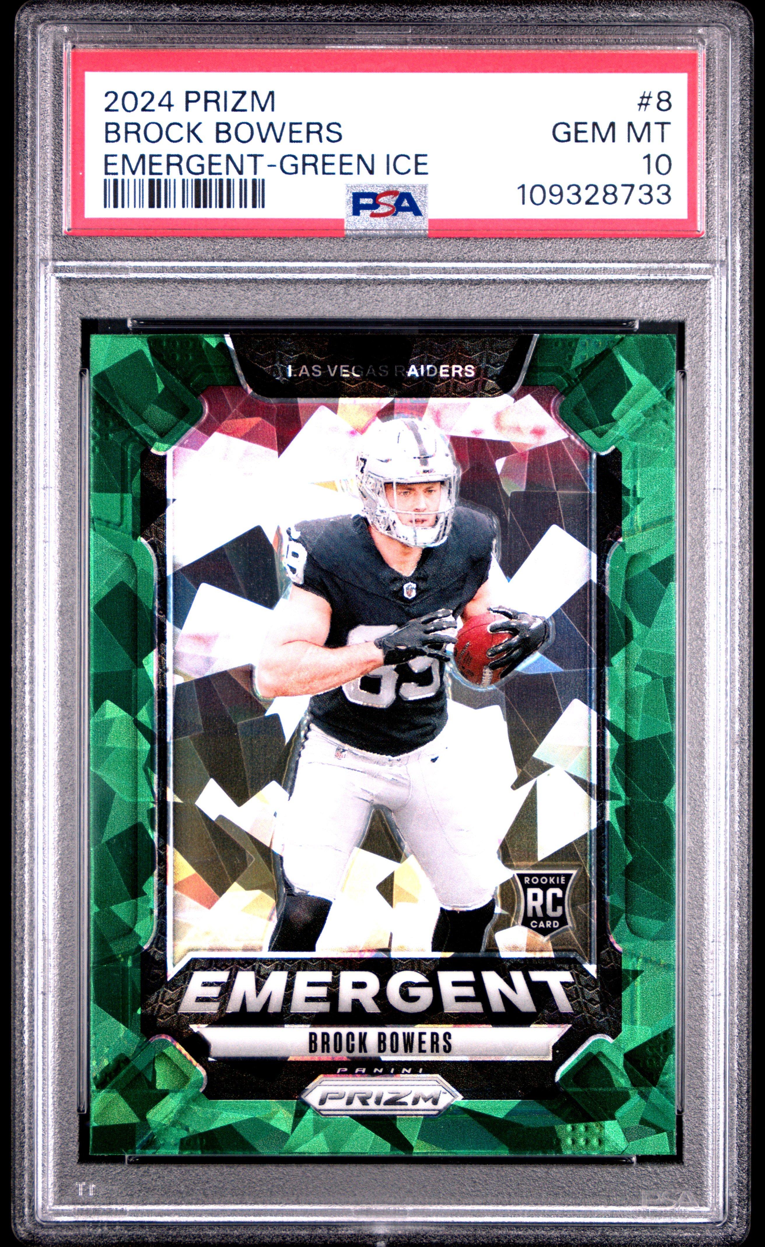 2024 Panini Prizm Emergent 8 Brock Bowers Green Ice PSA 10