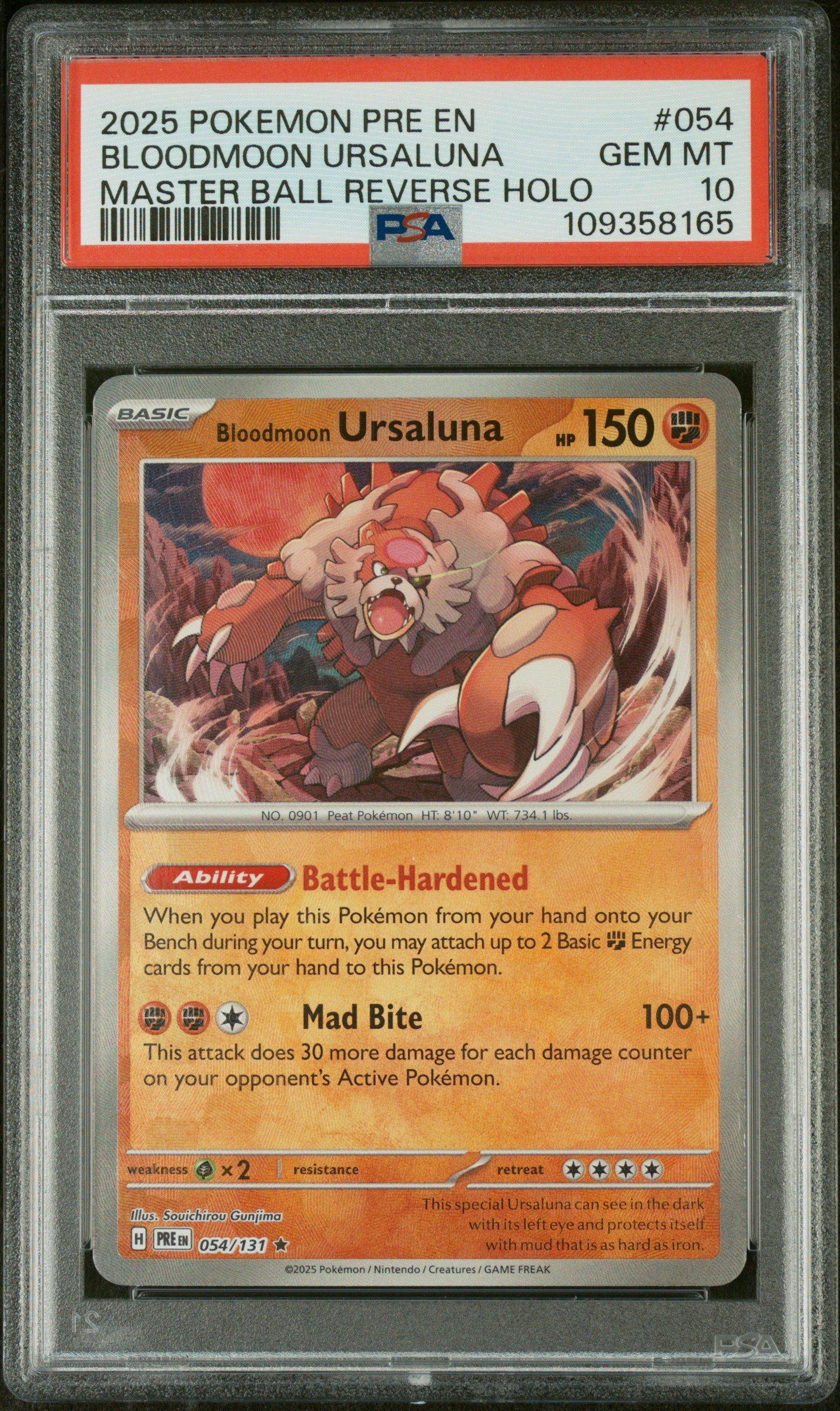 2025 Pokemon Pre En-prismatic Evolutions 054 Bloodmoon Ursaluna Master Ball Reverse Holo PSA