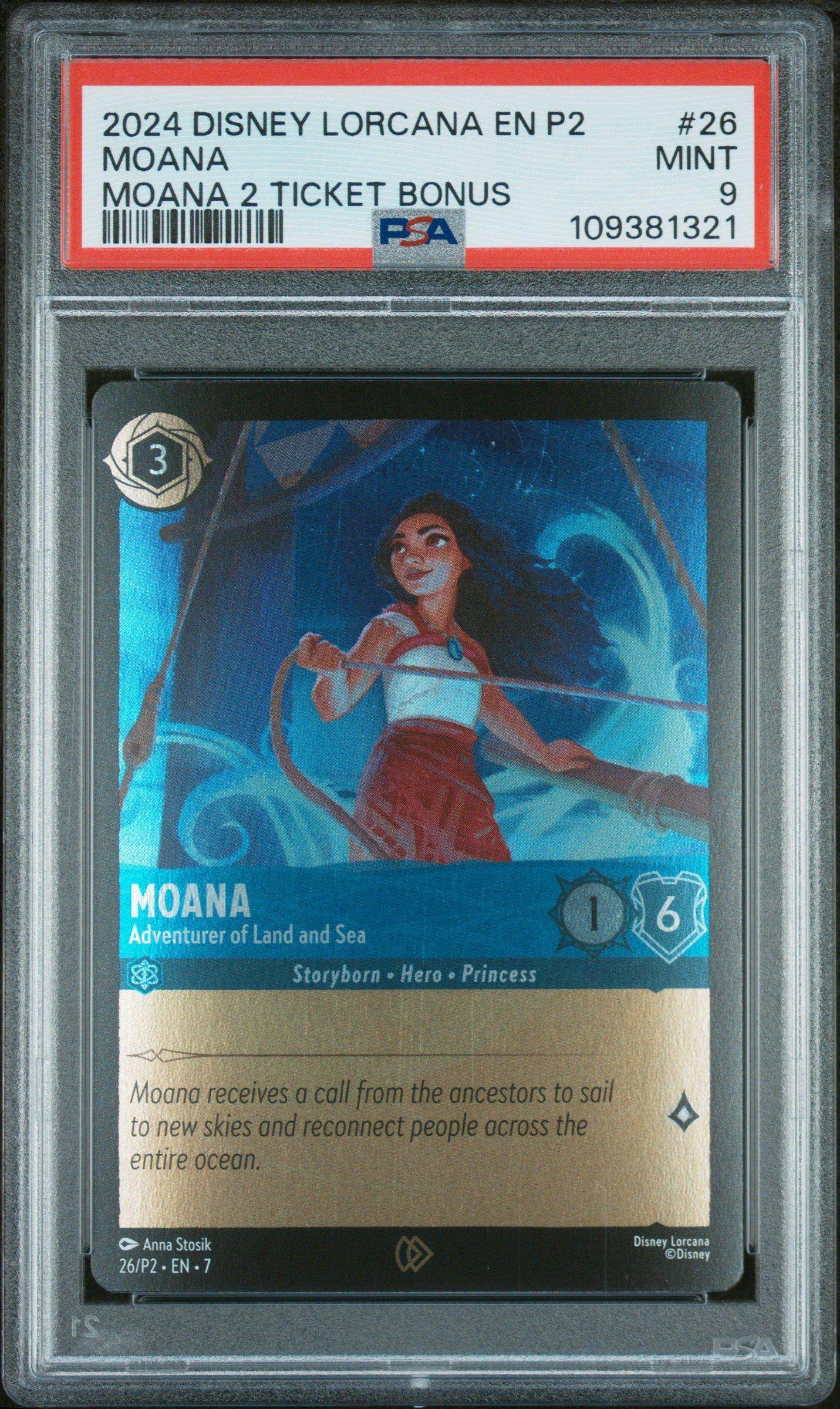 2024 Disney Lorcana En P2-promo 26 Moana - Adventurer Of Land And Sea Moana 2 Ticket Bonus PSA 9
