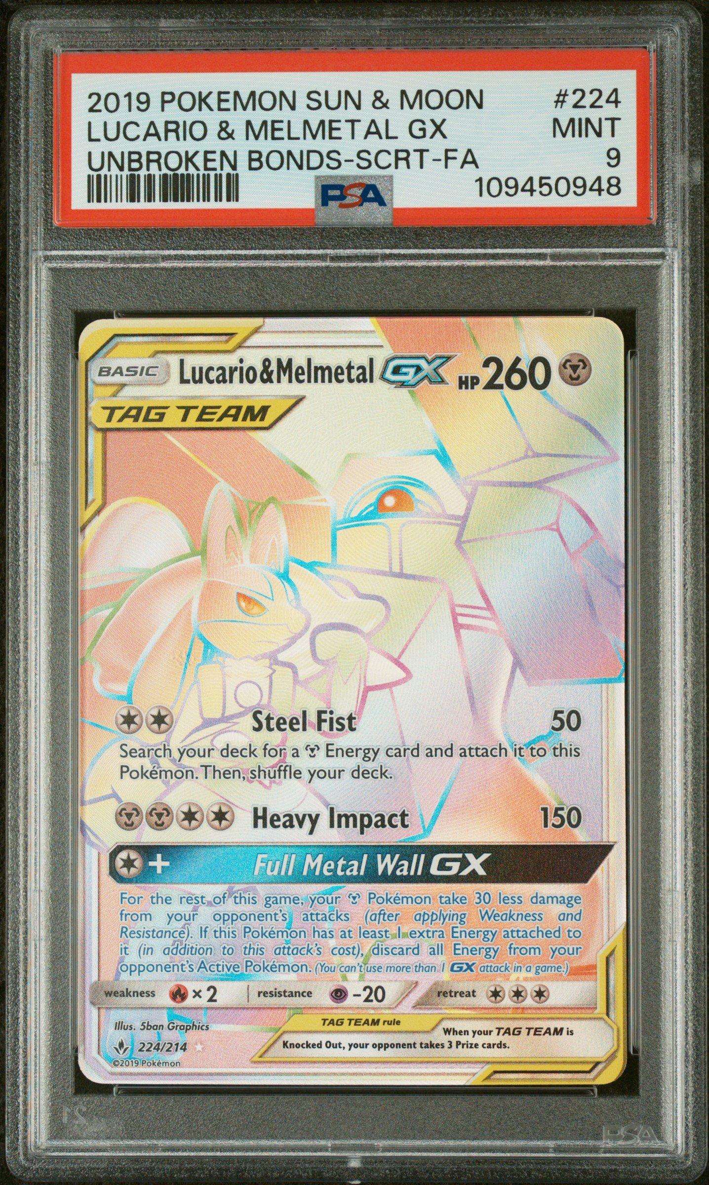 2019 Pokemon Sun & Moon Unbroken Bonds 224 Full Art/lucario & Melmetal Gx Secret PSA 9