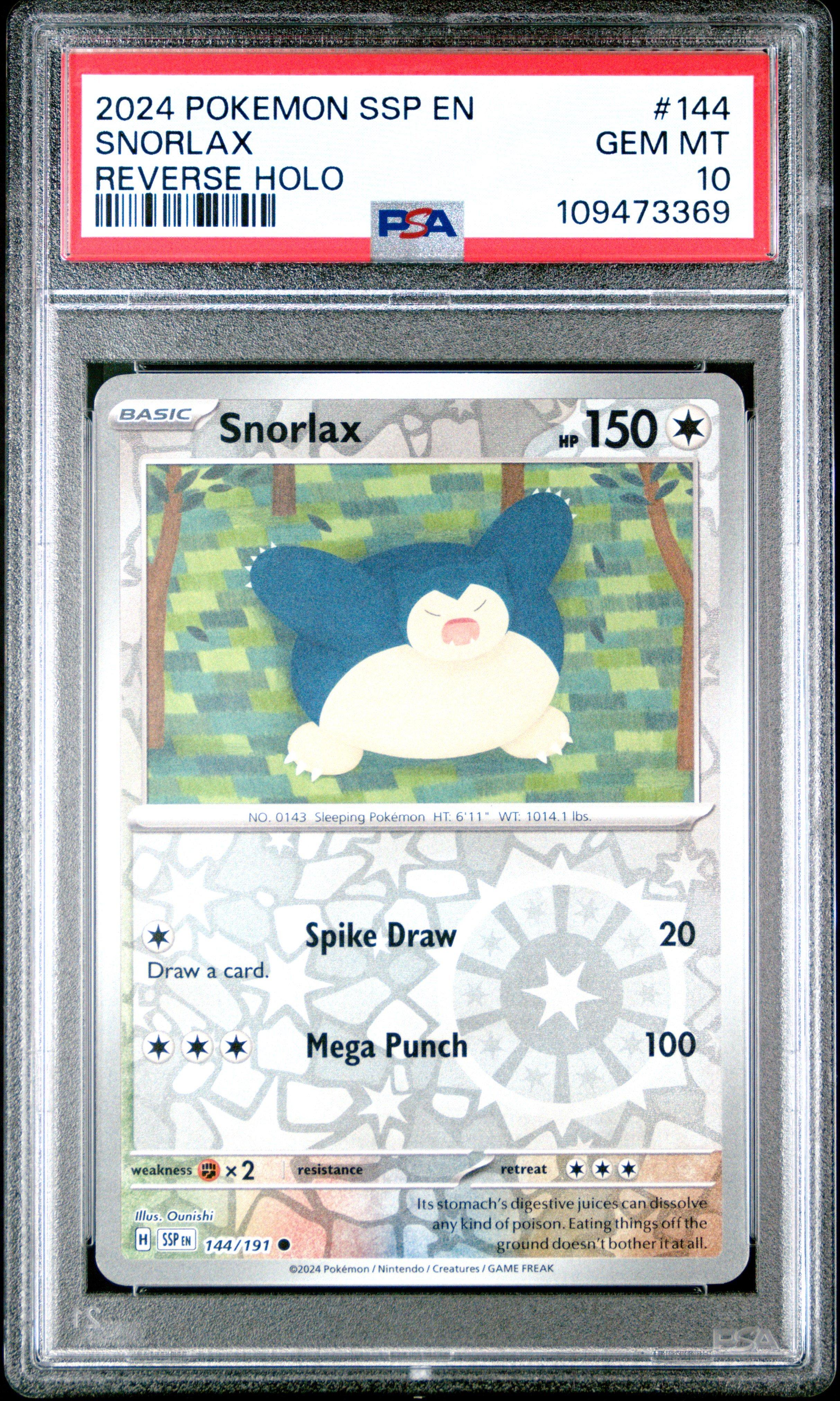 2024 Pokemon Ssp En-surging Sparks 144 Snorlax Reverse Holo PSA 10