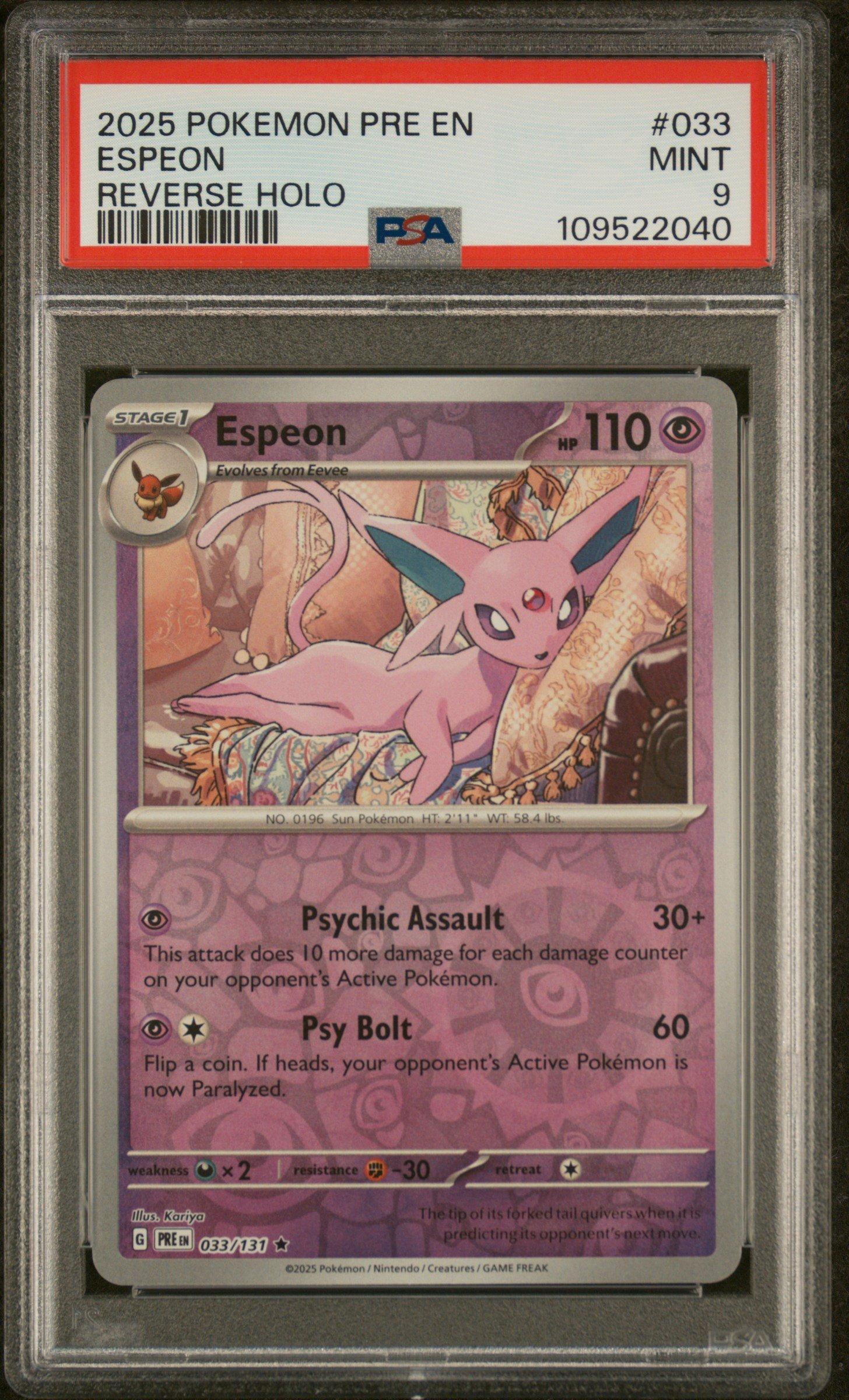 2025 Pokemon Pre En-prismatic Evolutions 033 Espeon Reverse Holo PSA 9