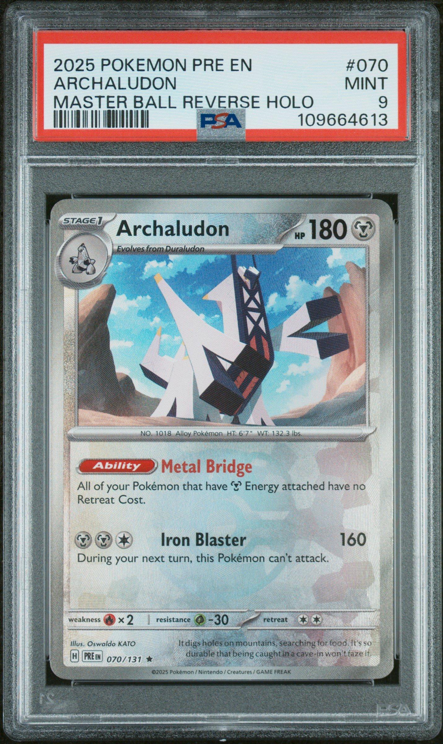 2025 Pokemon Pre En-prismatic Evolutions 070 Archaludon Master Ball Reverse Holo PSA 9