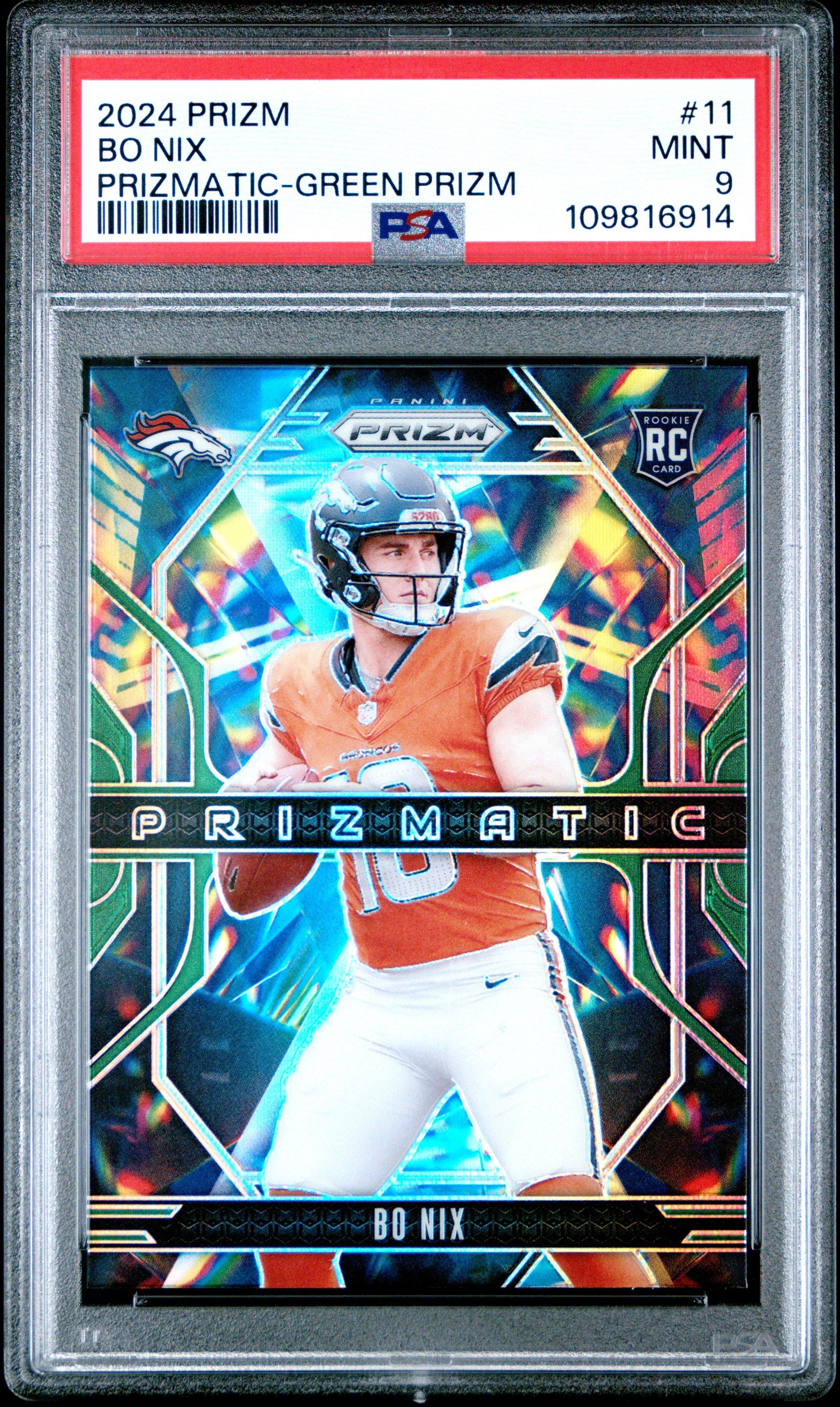 2024 Panini Prizm Prizmatic 11 Bo Nix Green Prizm PSA 9 Graded