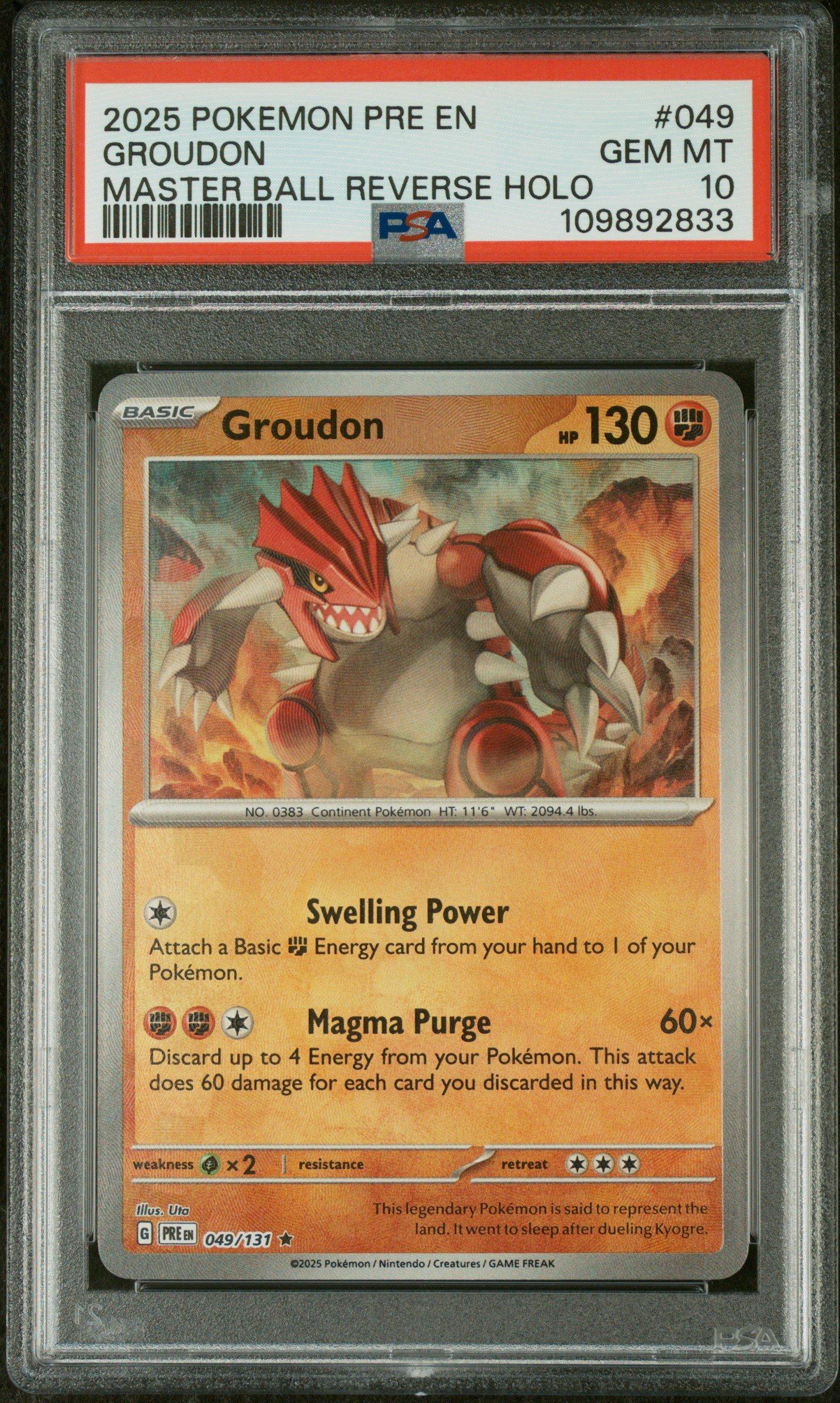 2025 Pokemon Pre En-prismatic Evolutions 049 Groudon Master Ball Reverse Holo PSA