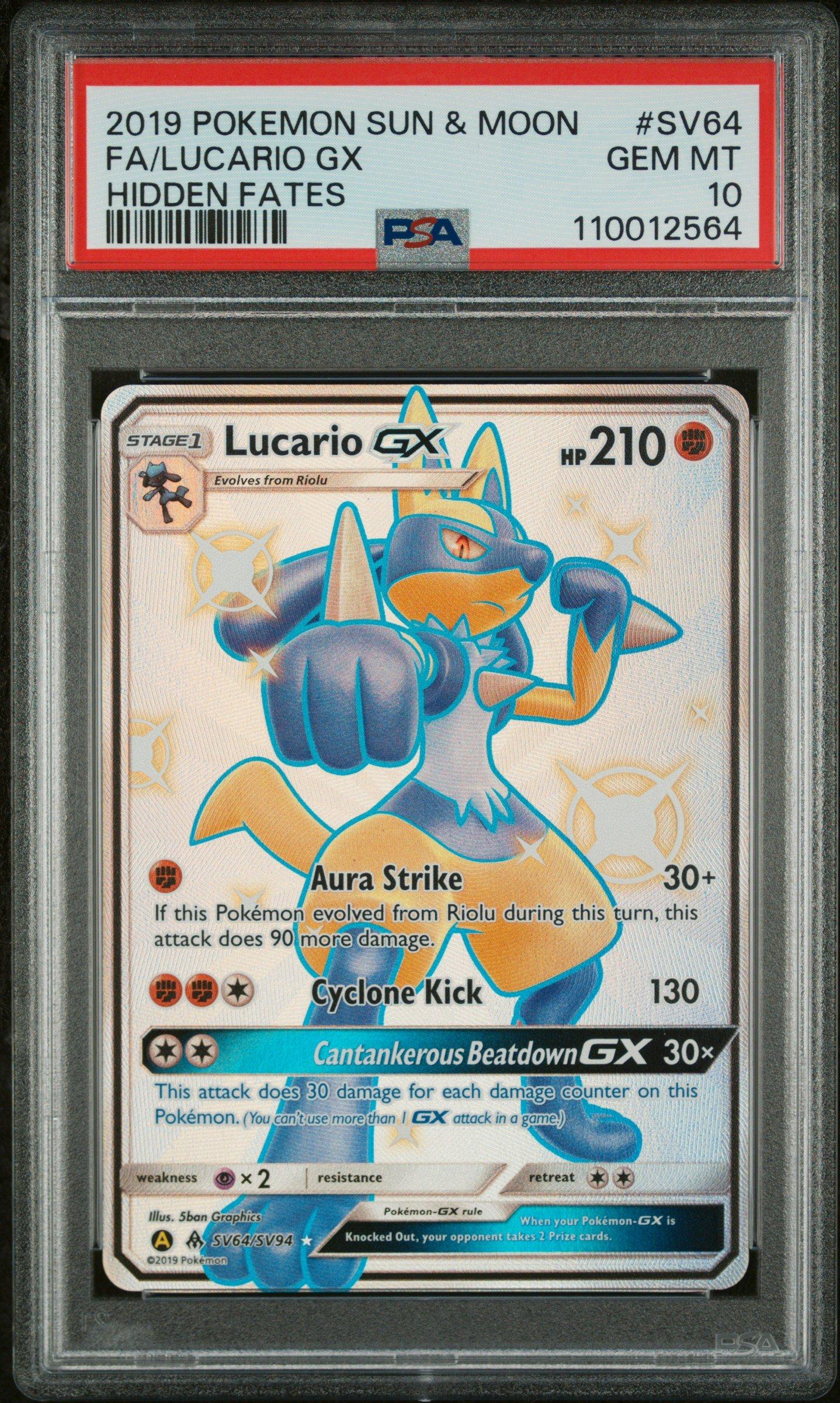 2019 Pokemon Sun & Moon Hidden Fates Sv64 Full Art/lucario Gx PSA