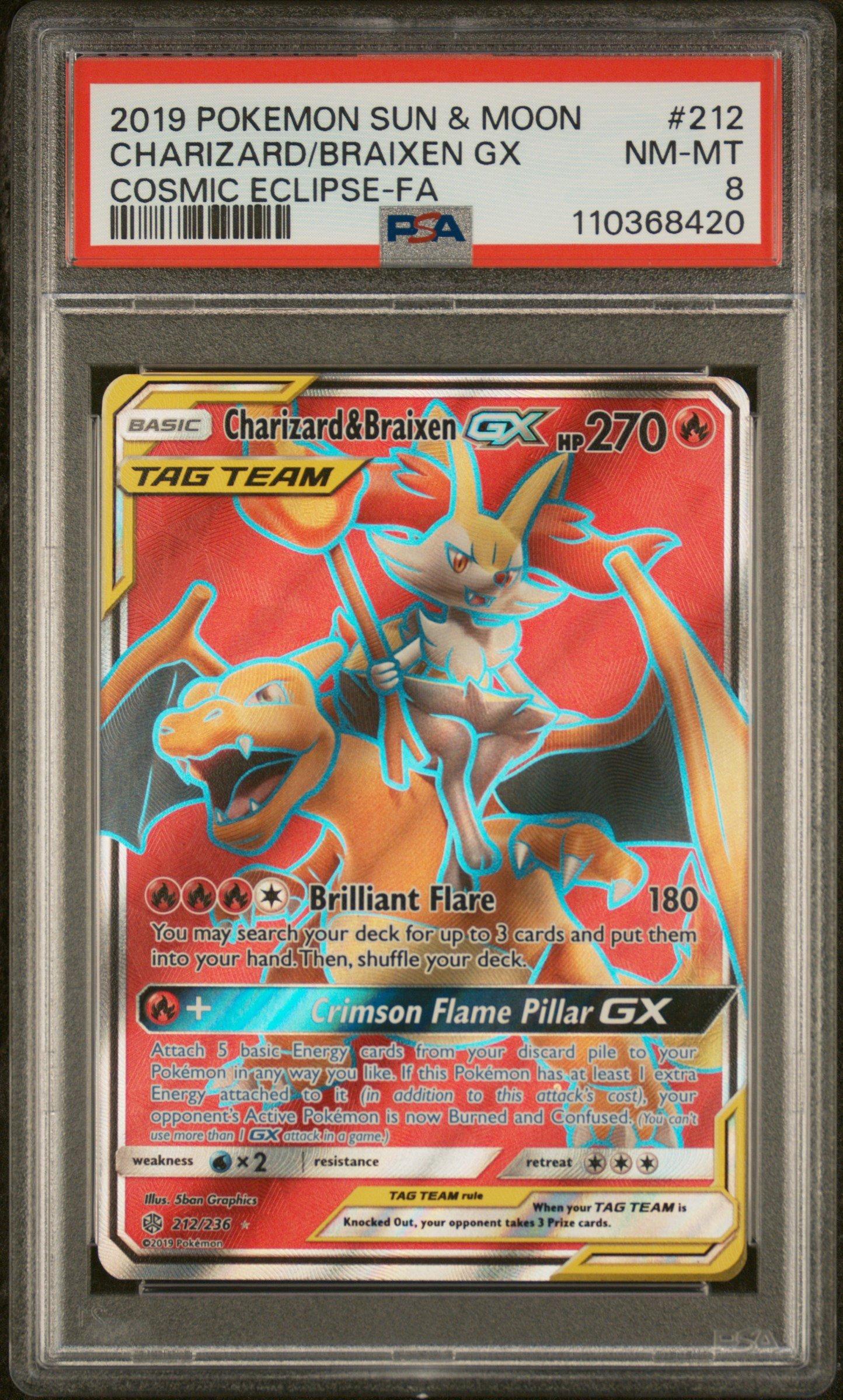 2019 Pokemon Sun & Moon Cosmic Eclipse 212 Full Art/charizard & Braixen Gx PSA