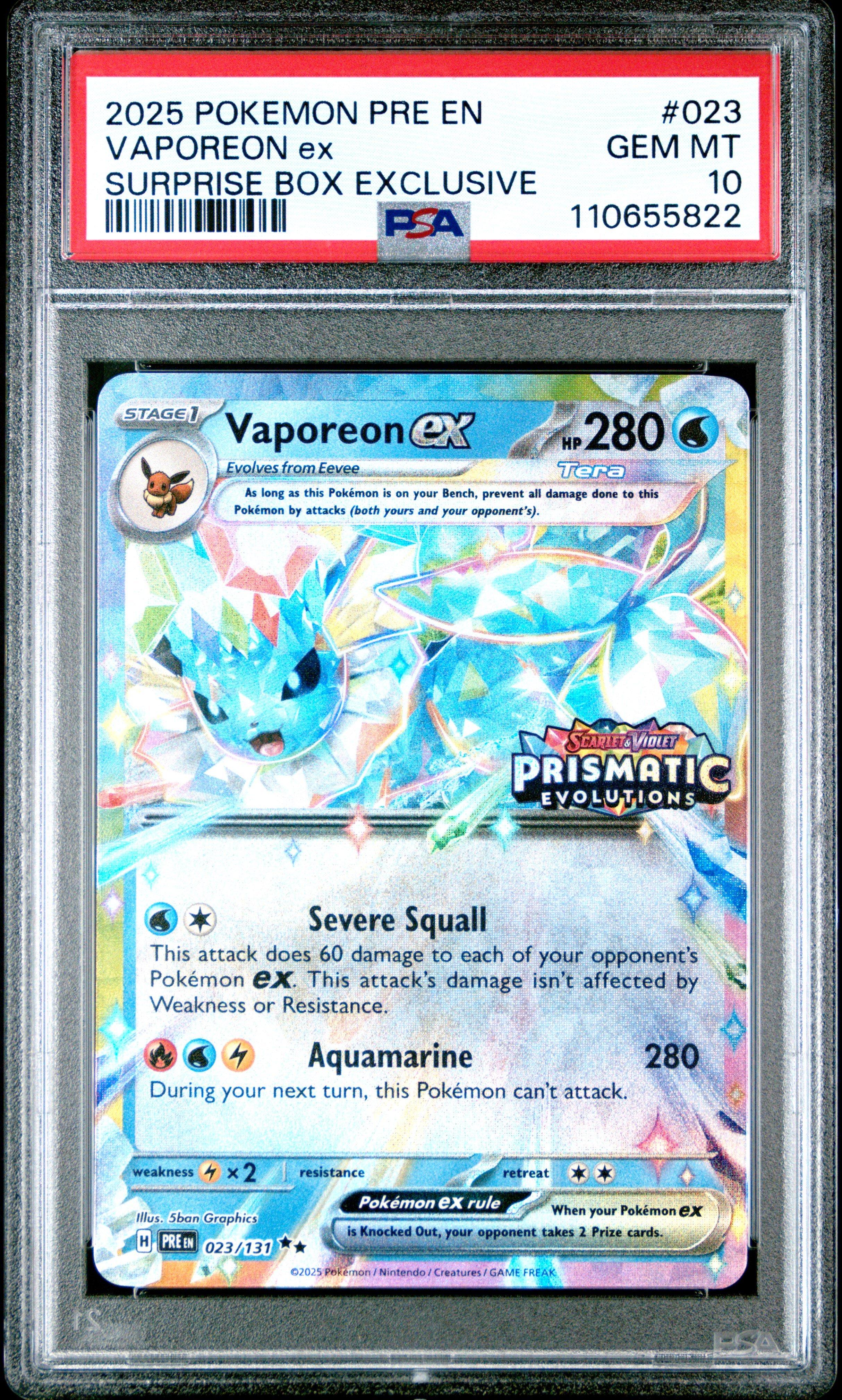 2025 Pokemon Pre En-prismatic Evolutions 023 Vaporeon Ex Surprise Box Exclusive PSA