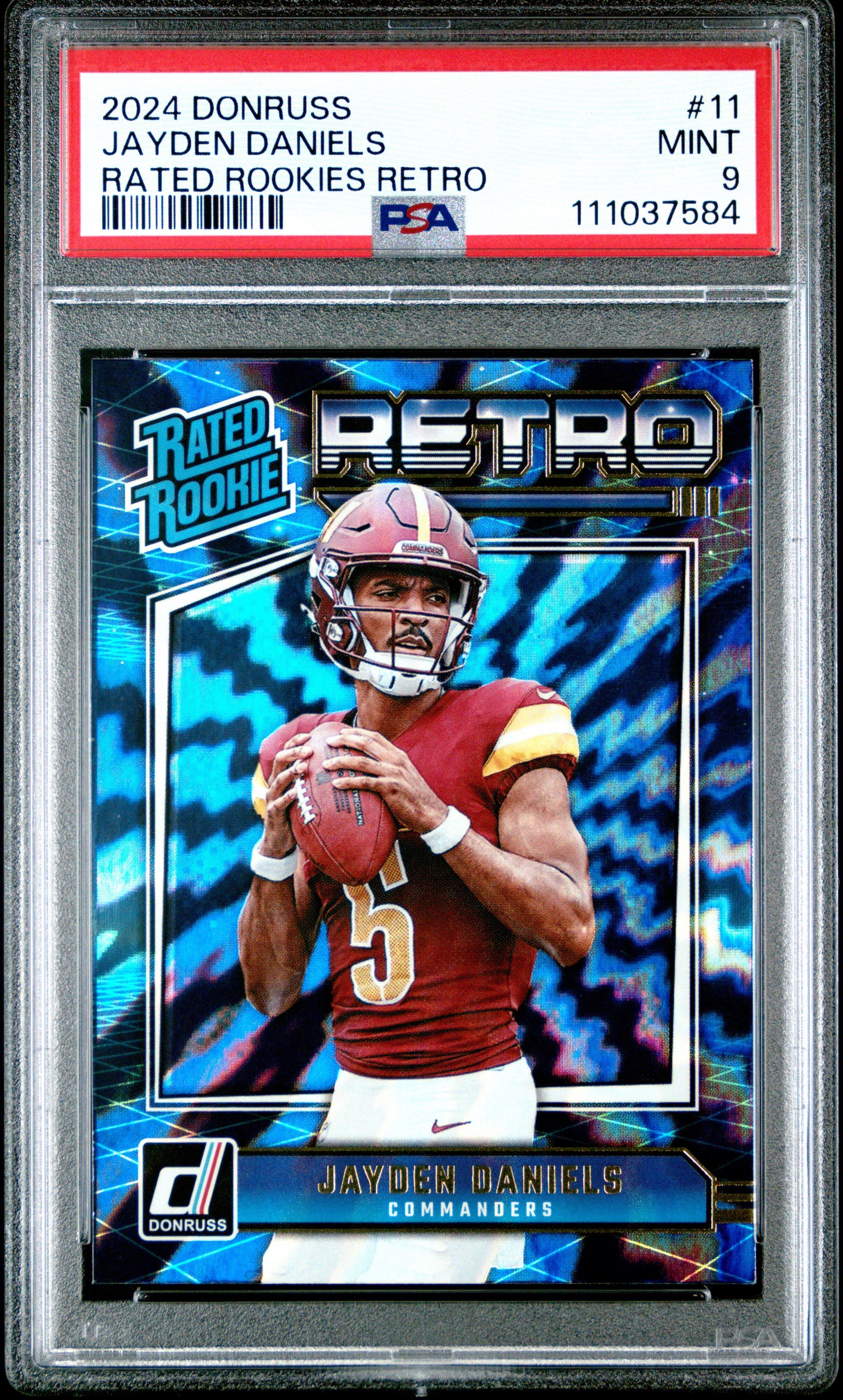 graded jayden daniels rookie cards 2024 Panini Donruss Rated Rookies Retro 11 Jayden Daniels PSA 9