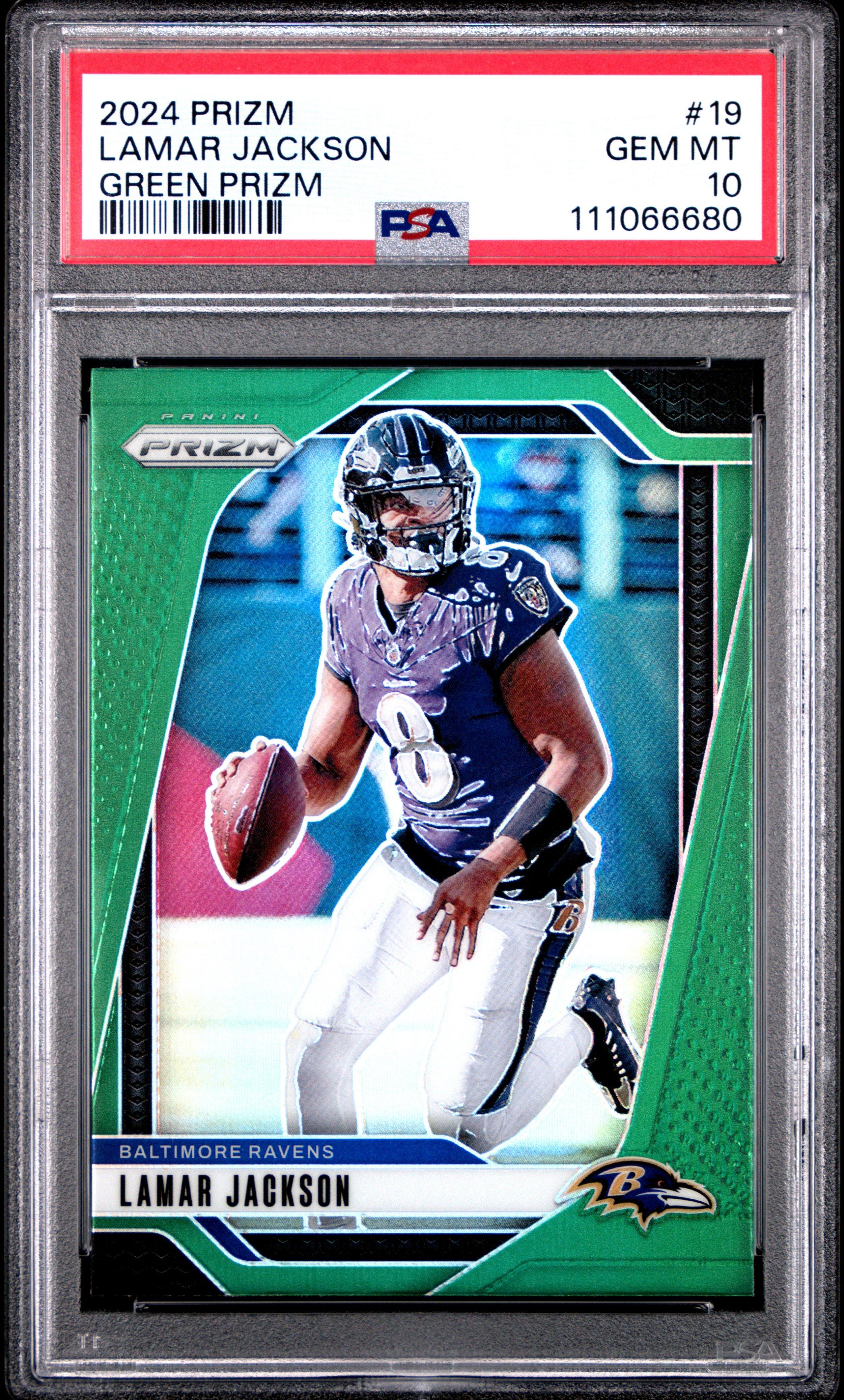 2024 Panini Prizm 19 Lamar Jackson Green Prizm PSA 10