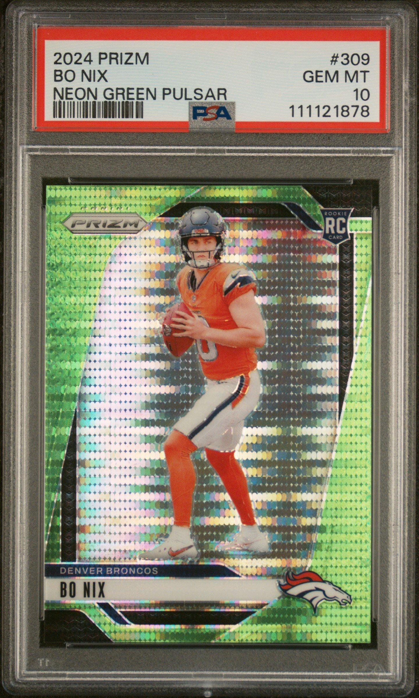 2024 Panini Prizm 309 Bo Nix Neon Green Pulsar PSA 10 Graded Card