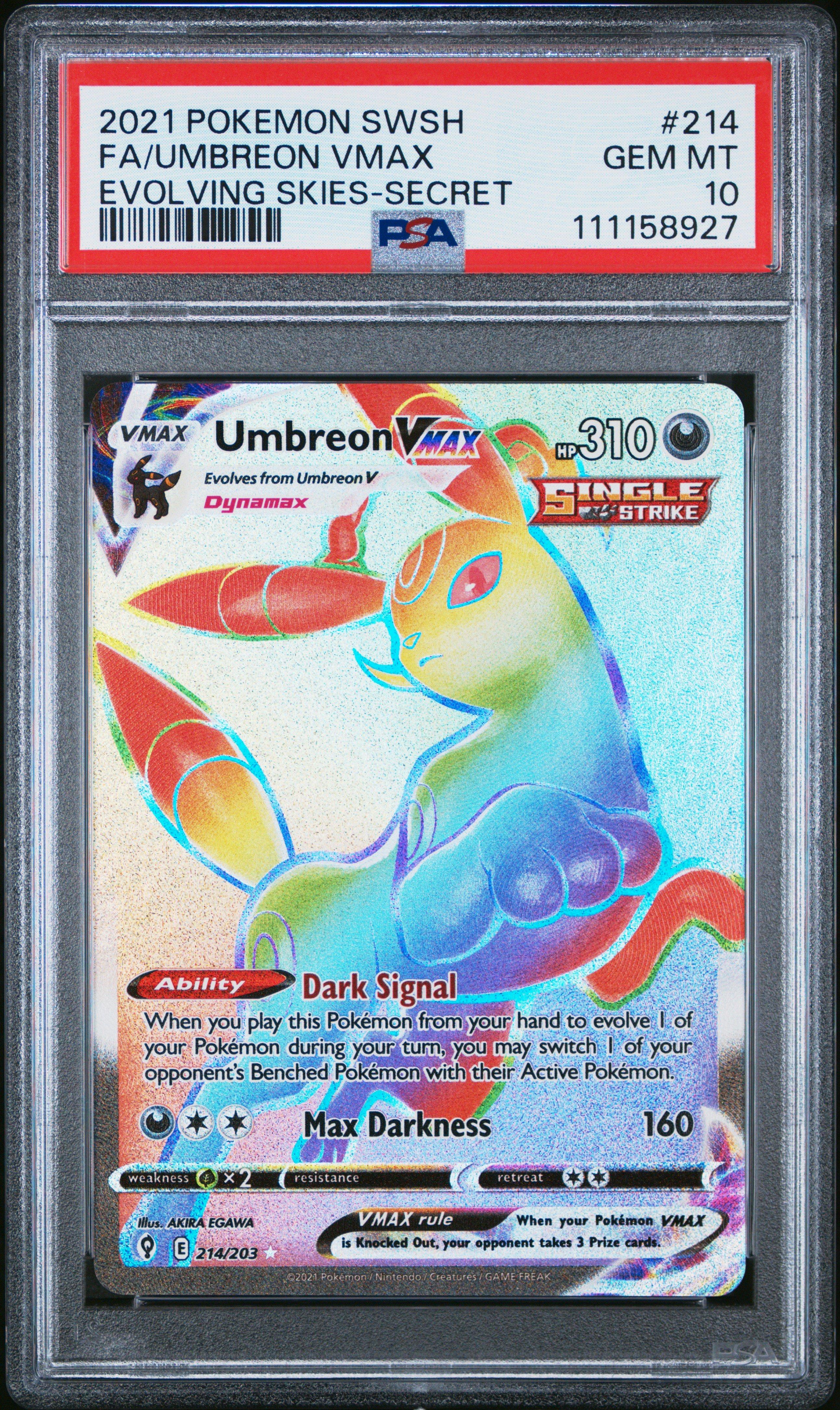 2021 Pokemon Sword & Shield Evolving Skies 214 Full Art/umbreon Vmax Secret PSA