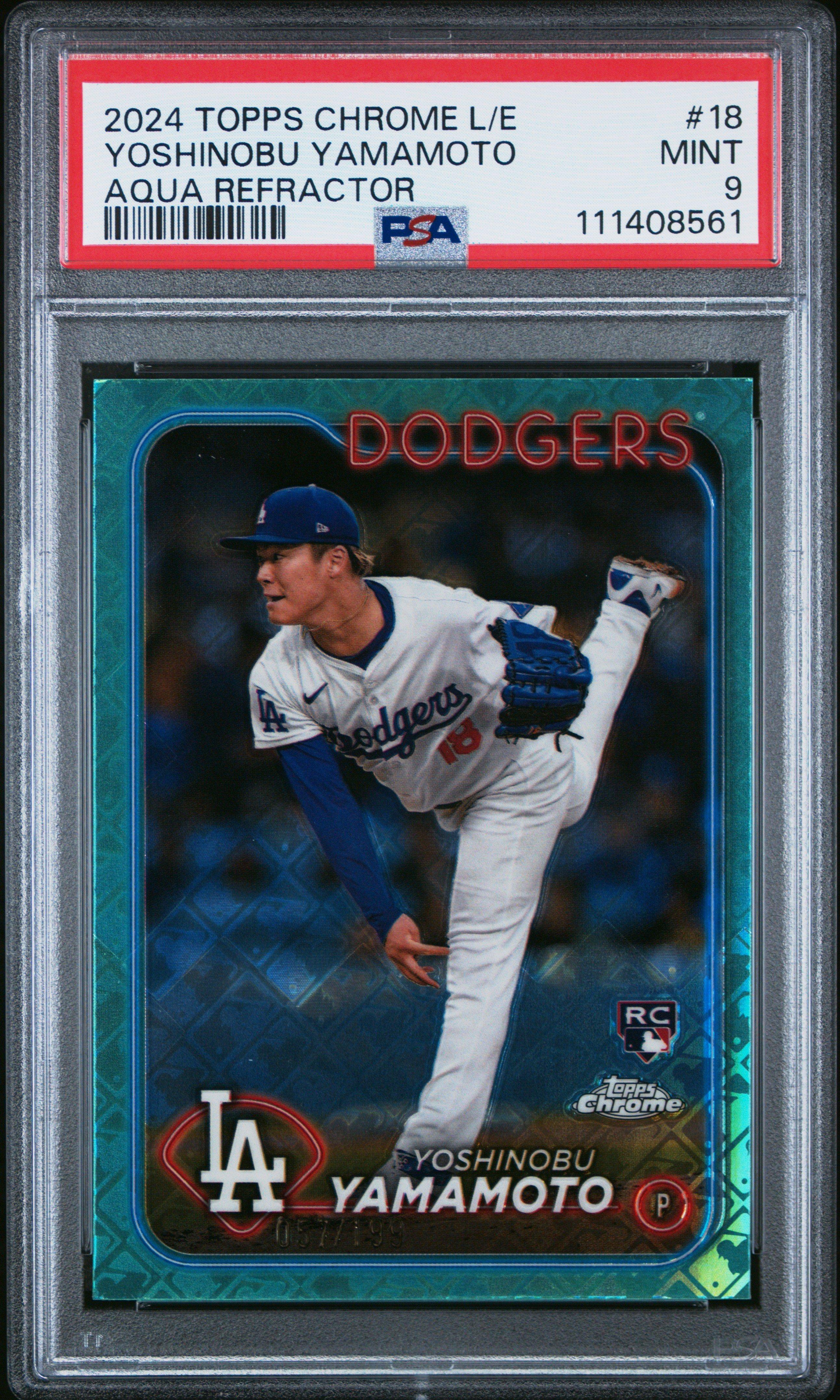 2024 Topps Chrome Logofractor Edition 18 Yoshinobu Yamamoto Aqua Refractor PSA 9