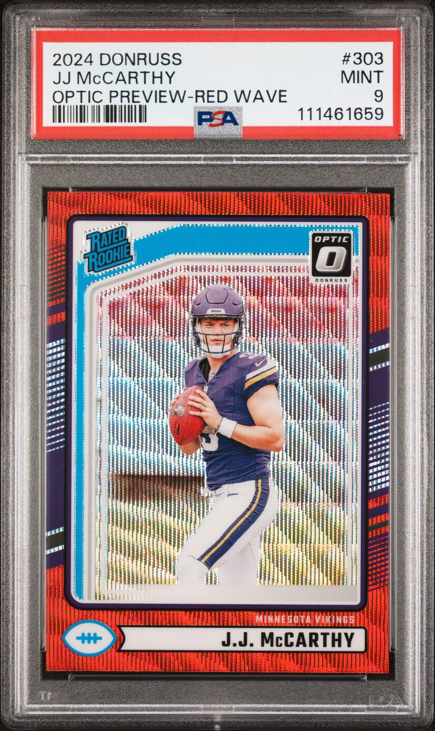 2024 Panini Donruss 303 Jj Mccarthy Optic Preview-red Wave PSA 9