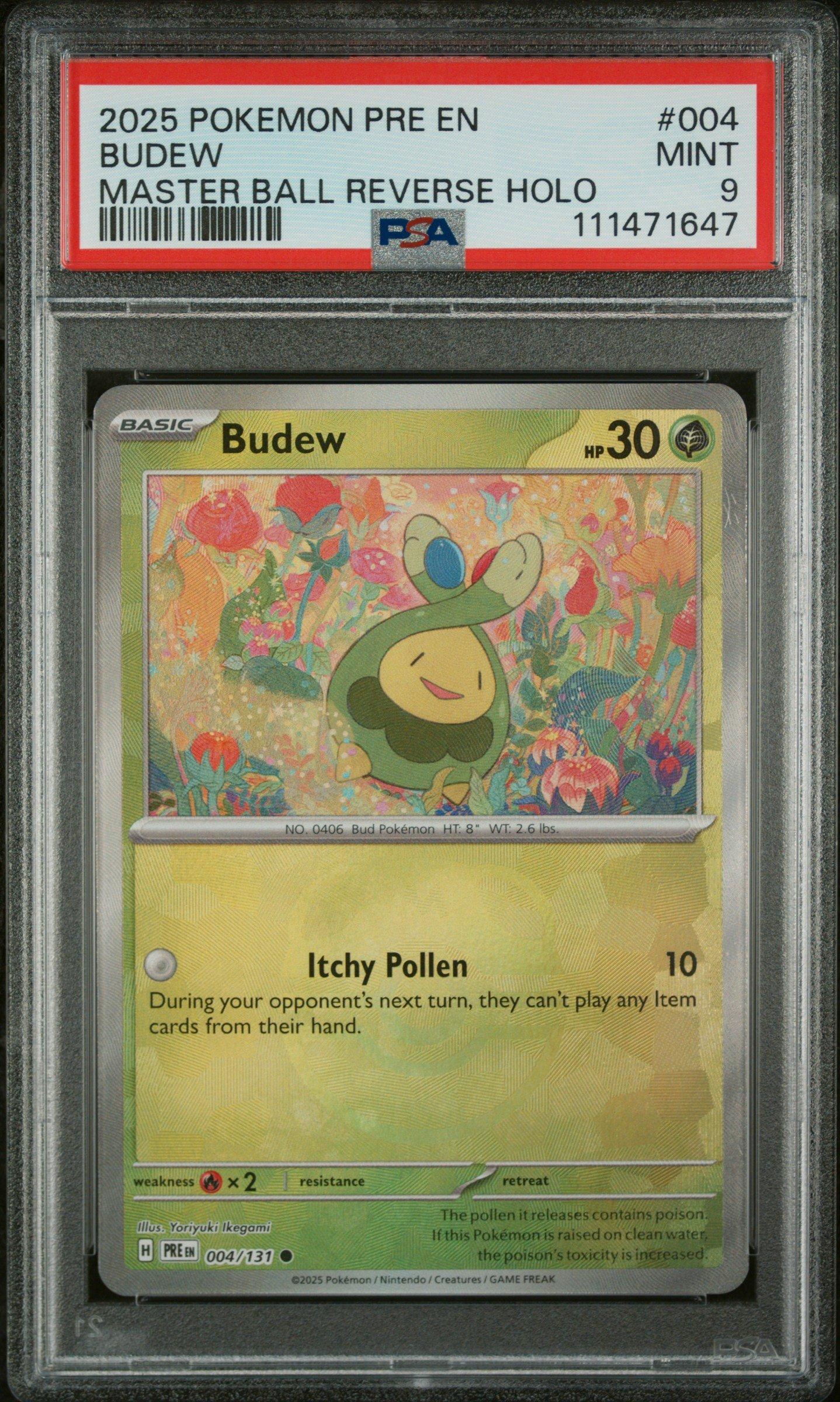 2025 Pokemon Pre En-prismatic Evolutions 004 Budew Master Ball Reverse Holo PSA 9