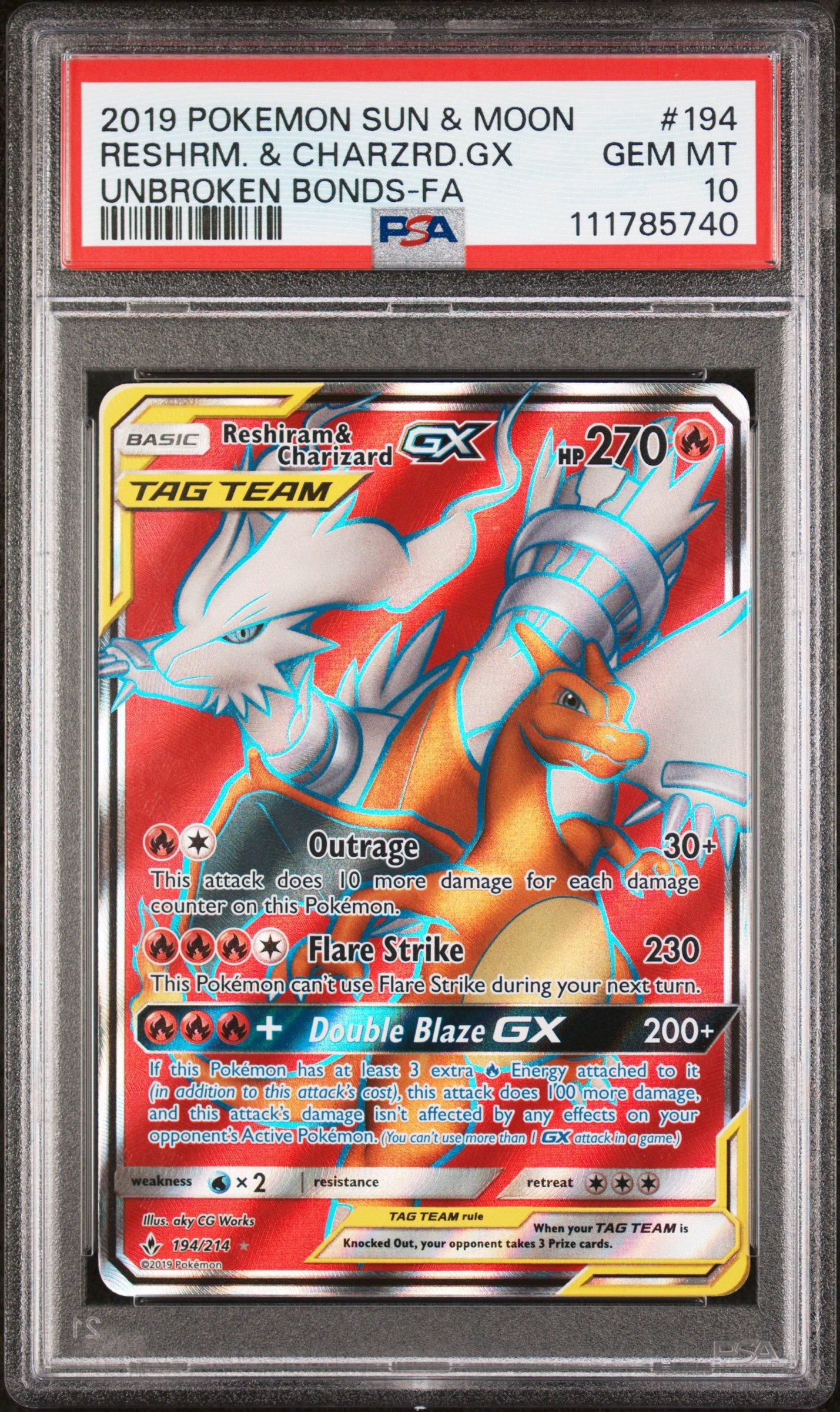 2019 Pokemon Sun & Moon Unbroken Bonds 194 Full Art/reshiram & Charizard Gx PSA