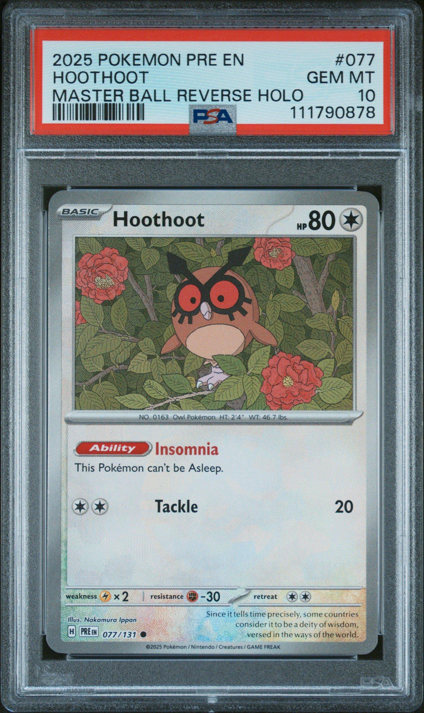 2025 Pokemon Pre En-prismatic Evolutions 077 Hoothoot Master Ball Reverse Holo PSA 10
