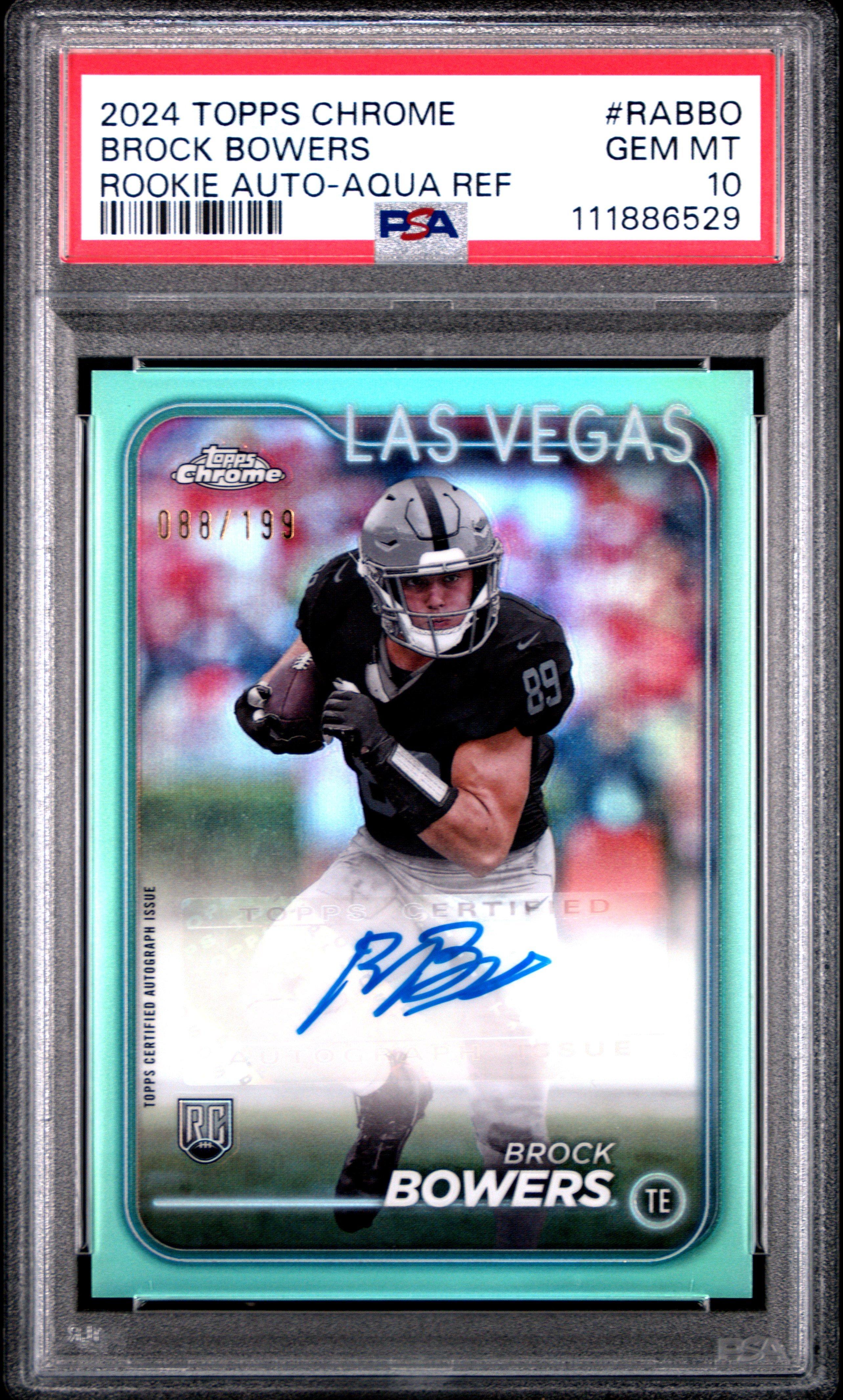 2024 Topps Chrome Rookie Autographs Variations Rabbo Brock Bowers Aqua Refractor PSA 10