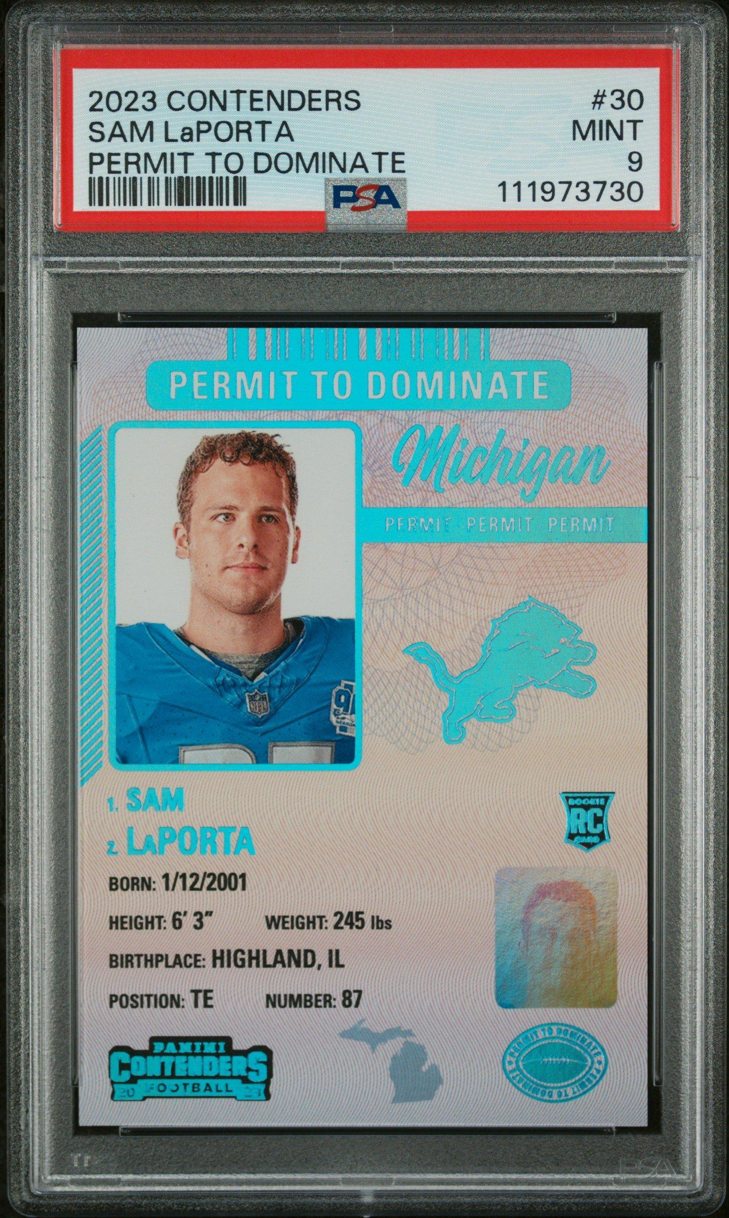 2023 Panini Contenders Permit To Dominate 30 Sam Laporta PSA 9