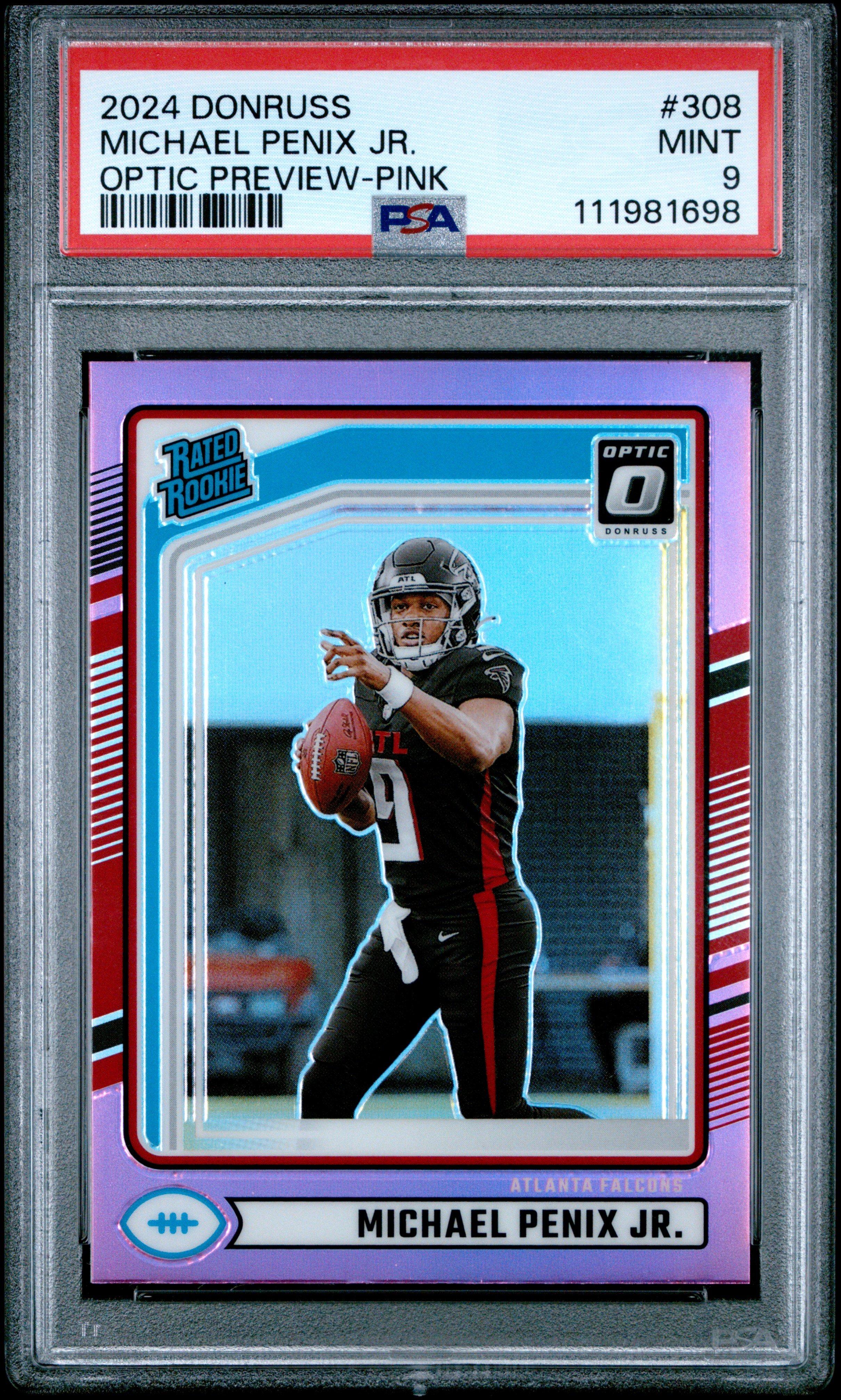 2024 Panini Donruss 308 Michael Penix Jr. Optic Preview-pink PSA 9