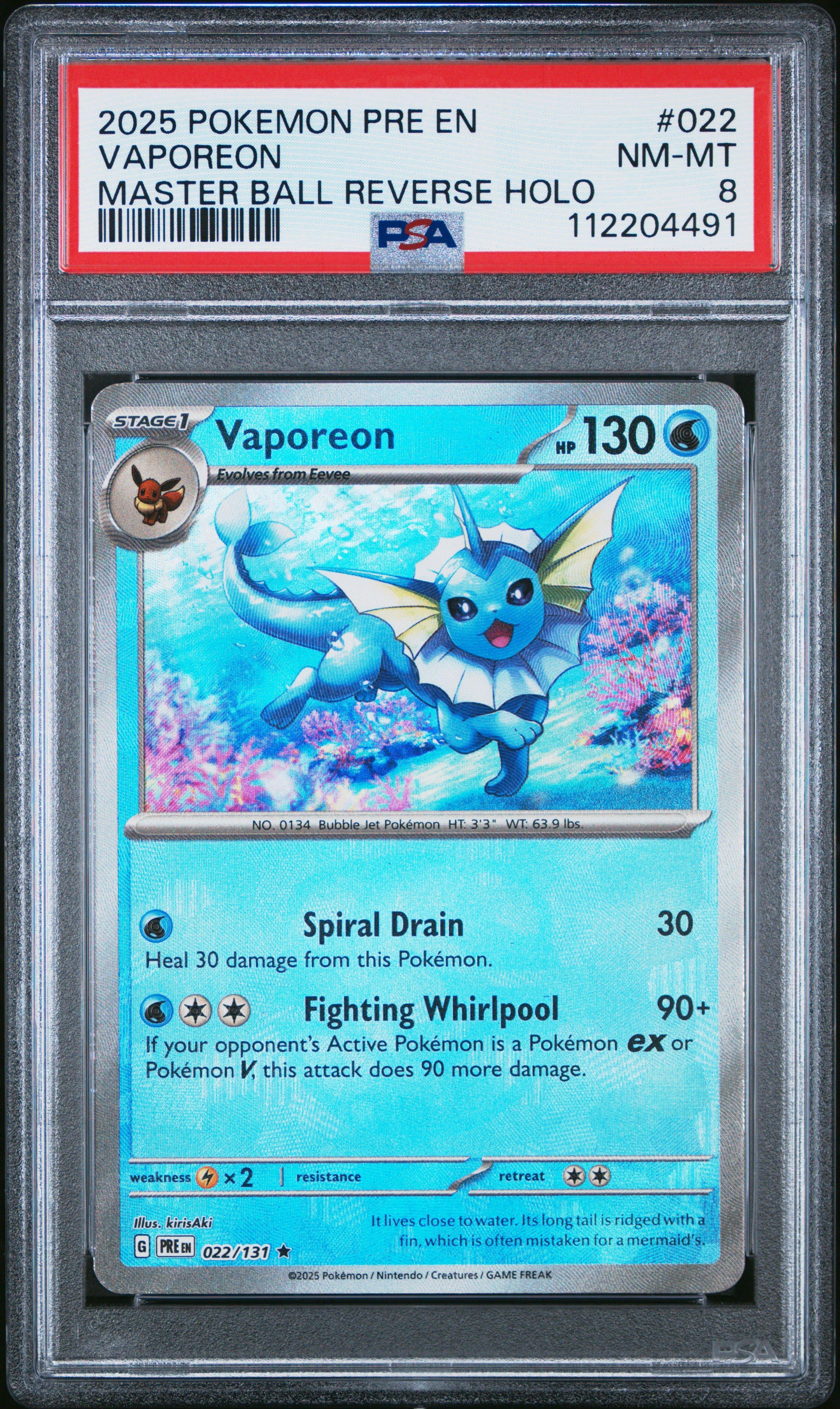 2025 Pokemon Pre En-prismatic Evolutions 022 Vaporeon Master Ball Reverse Holo PSA 8