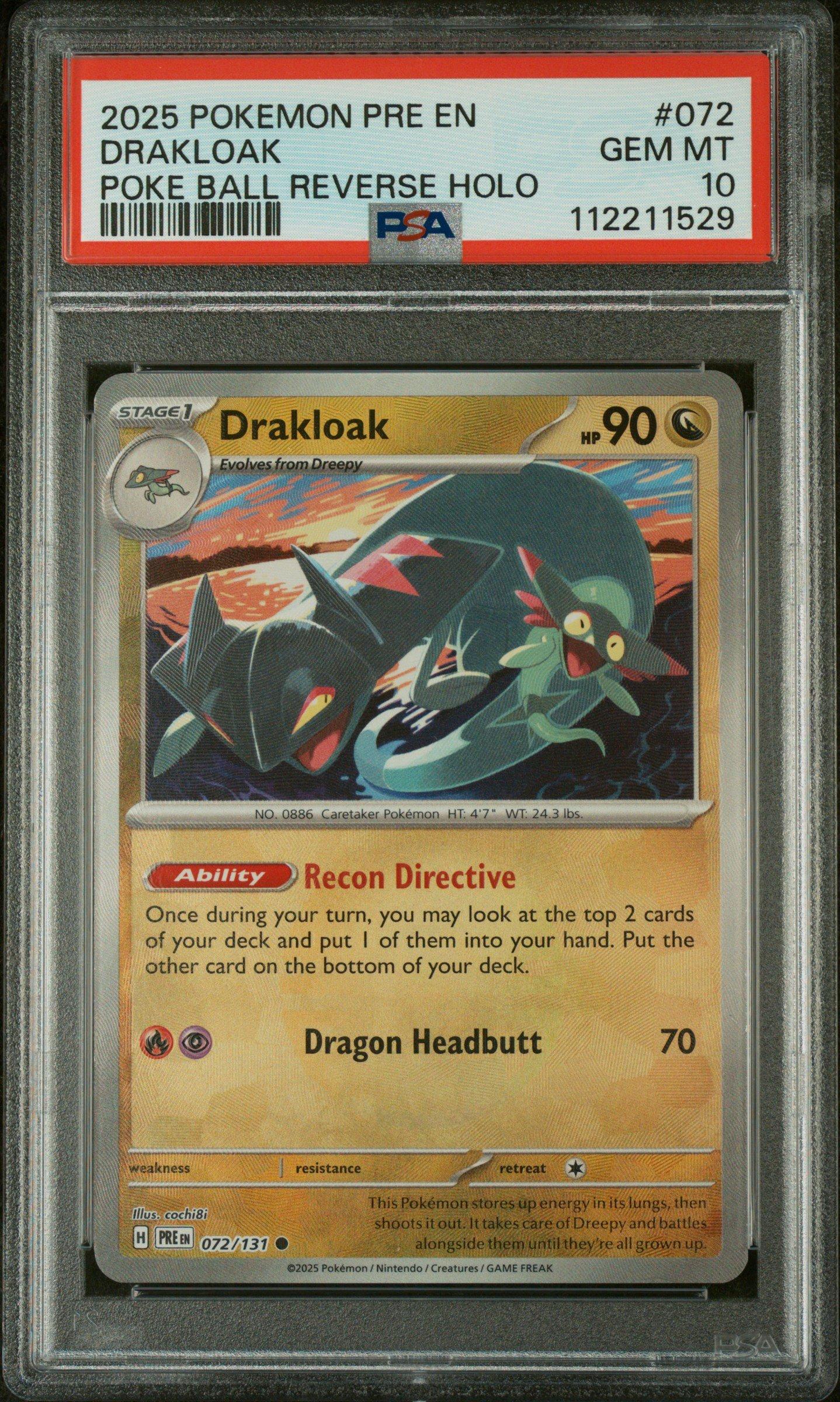 2025 Pokemon Pre En-prismatic Evolutions 072 Drakloak Poke Ball Reverse Holo PSA 10
