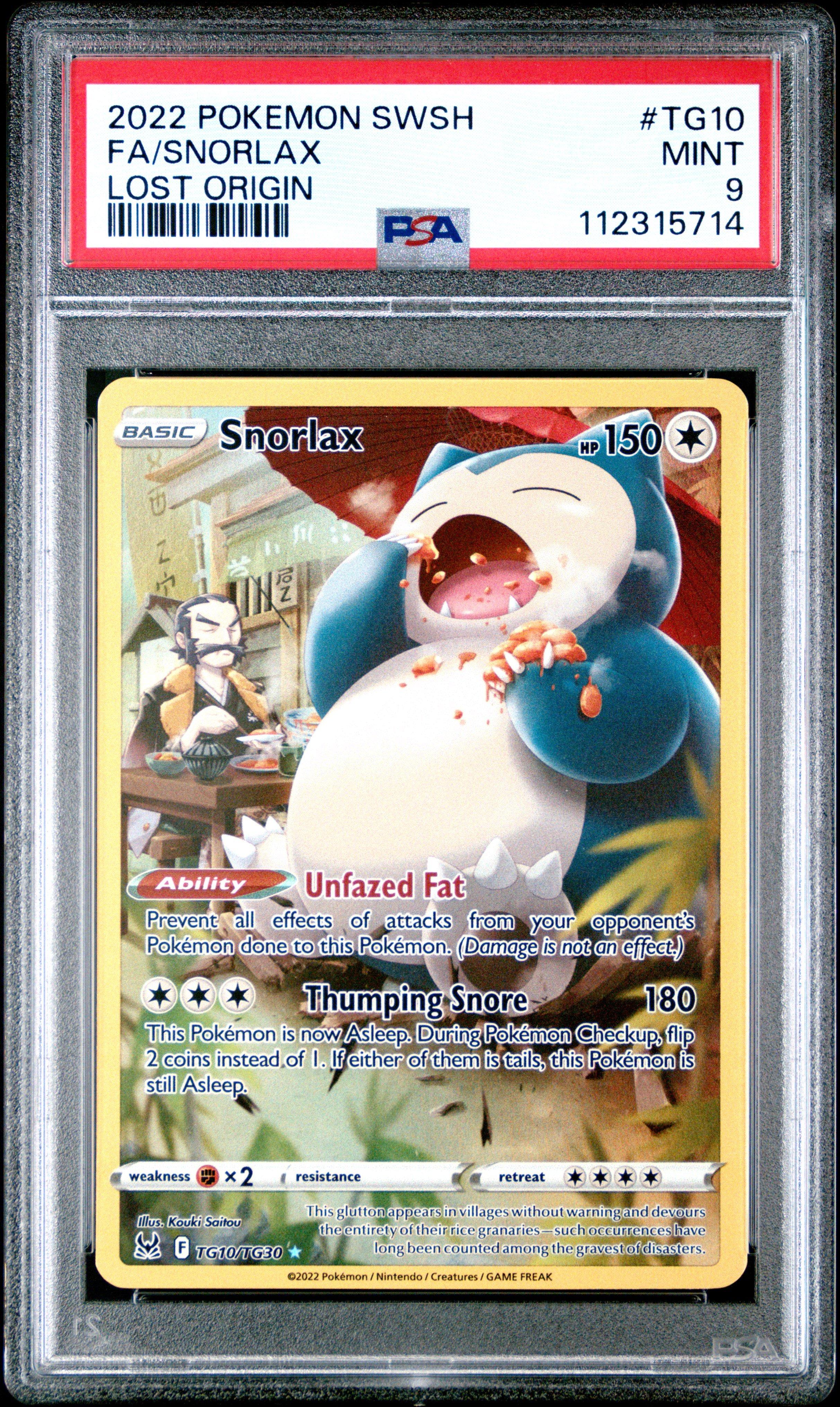 2022 Pokemon Sword & Shield Lost Origin Tg10 Full Art/snorlax PSA
