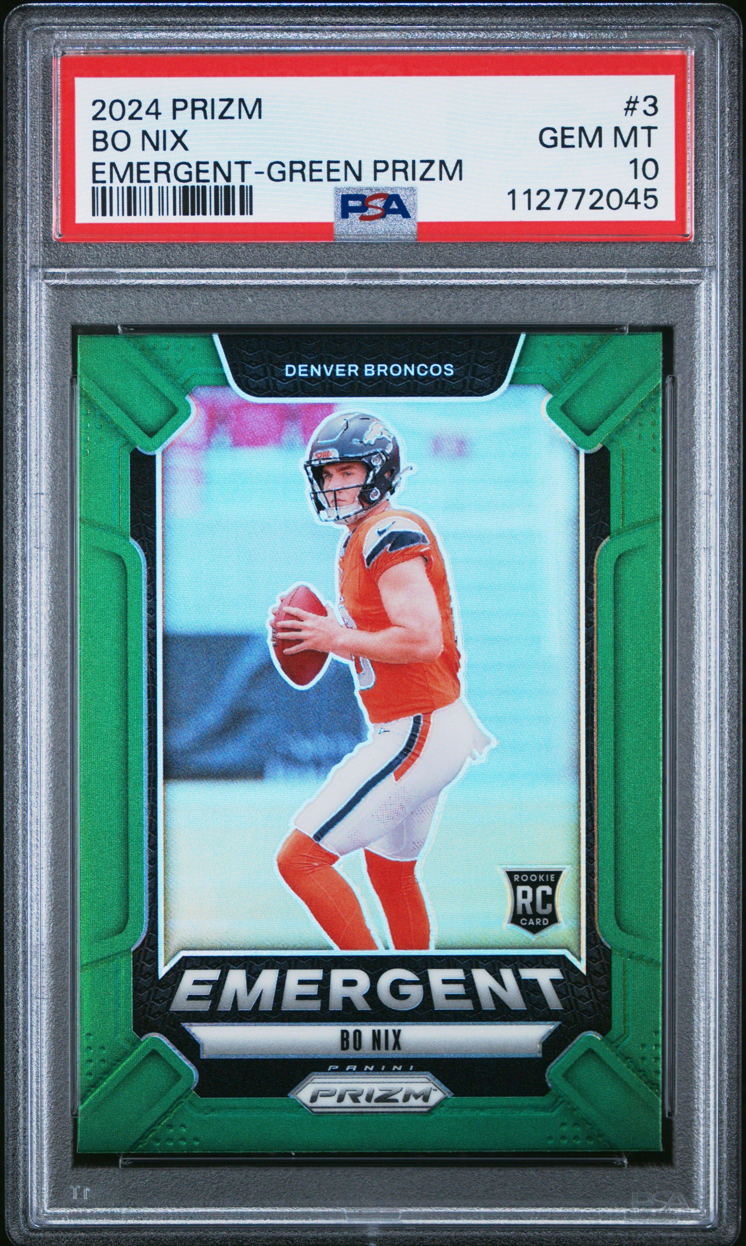 2024 Panini Prizm Emergent 3 Bo Nix Green Prizm PSA 10