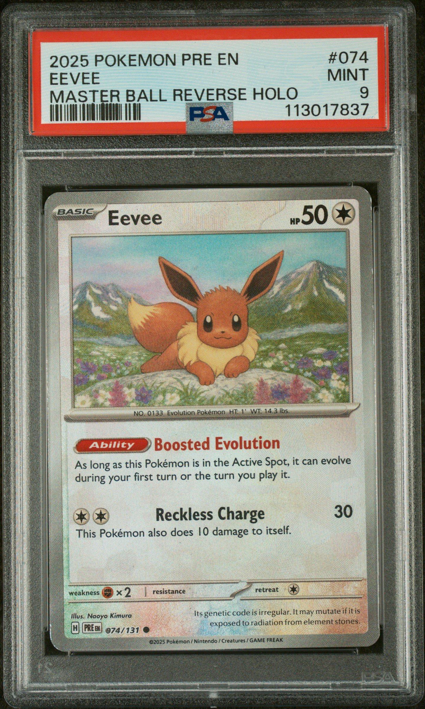 pokemon masterball card 2025 Pre En-prismatic Evolutions 074 Eevee Master Ball Reverse Holo PSA 9 Graded The item available is listed in the Title Pokemon 2023 SV2a Pokemon Card