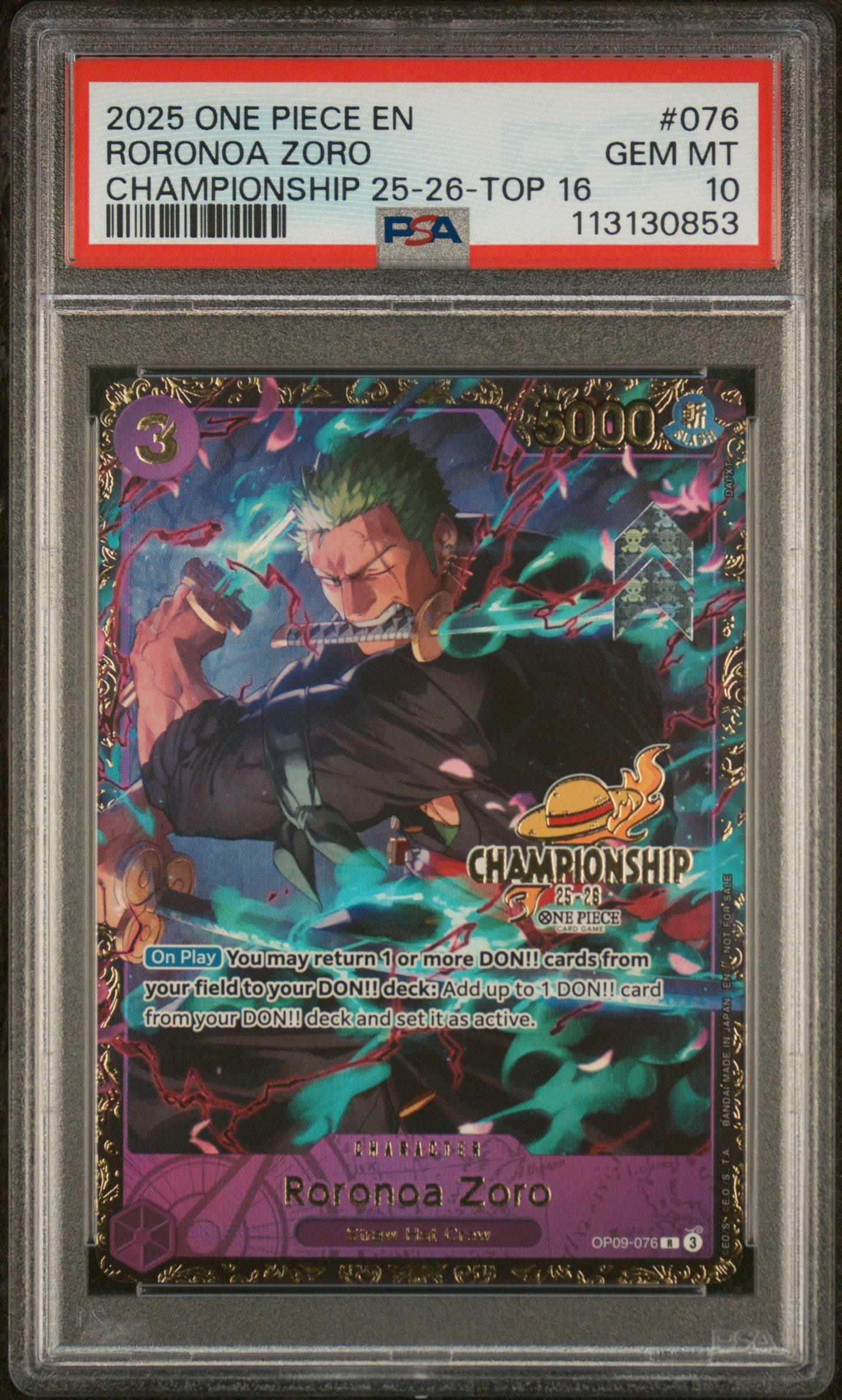 2025 One Piece Promos 076 Roronoa Zoro Championship 25-26-top 16 PSA 10