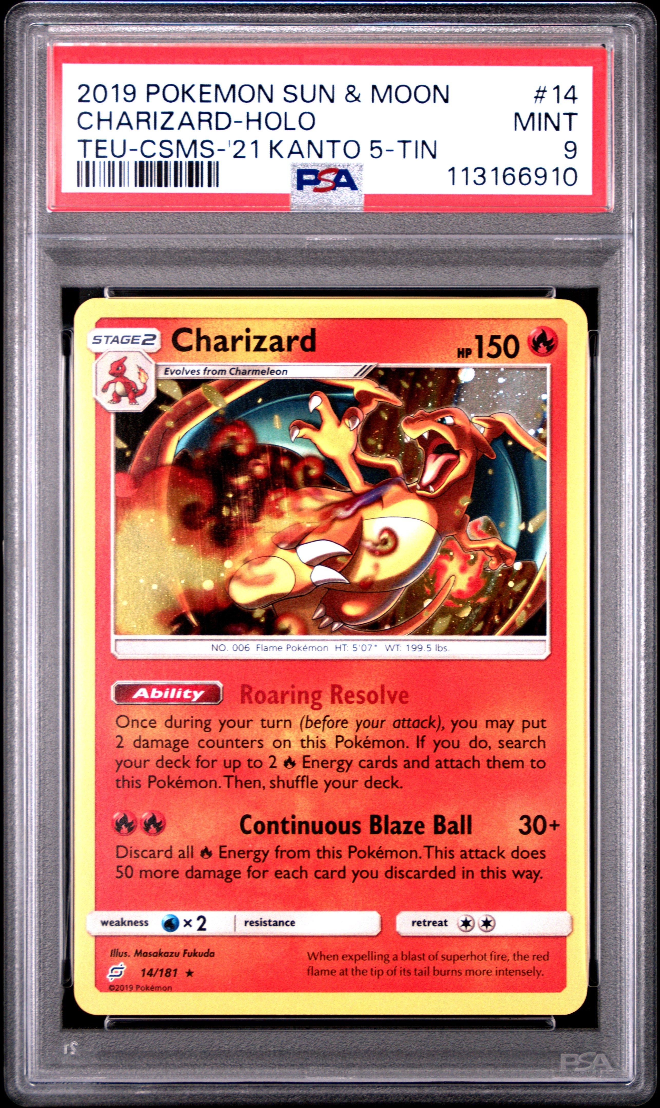 2019 Pokemon Sun & Moon Team Up 14 Charizard-holo Cosmos-2021 Kanto 5-tin Exclusive PSA 9
