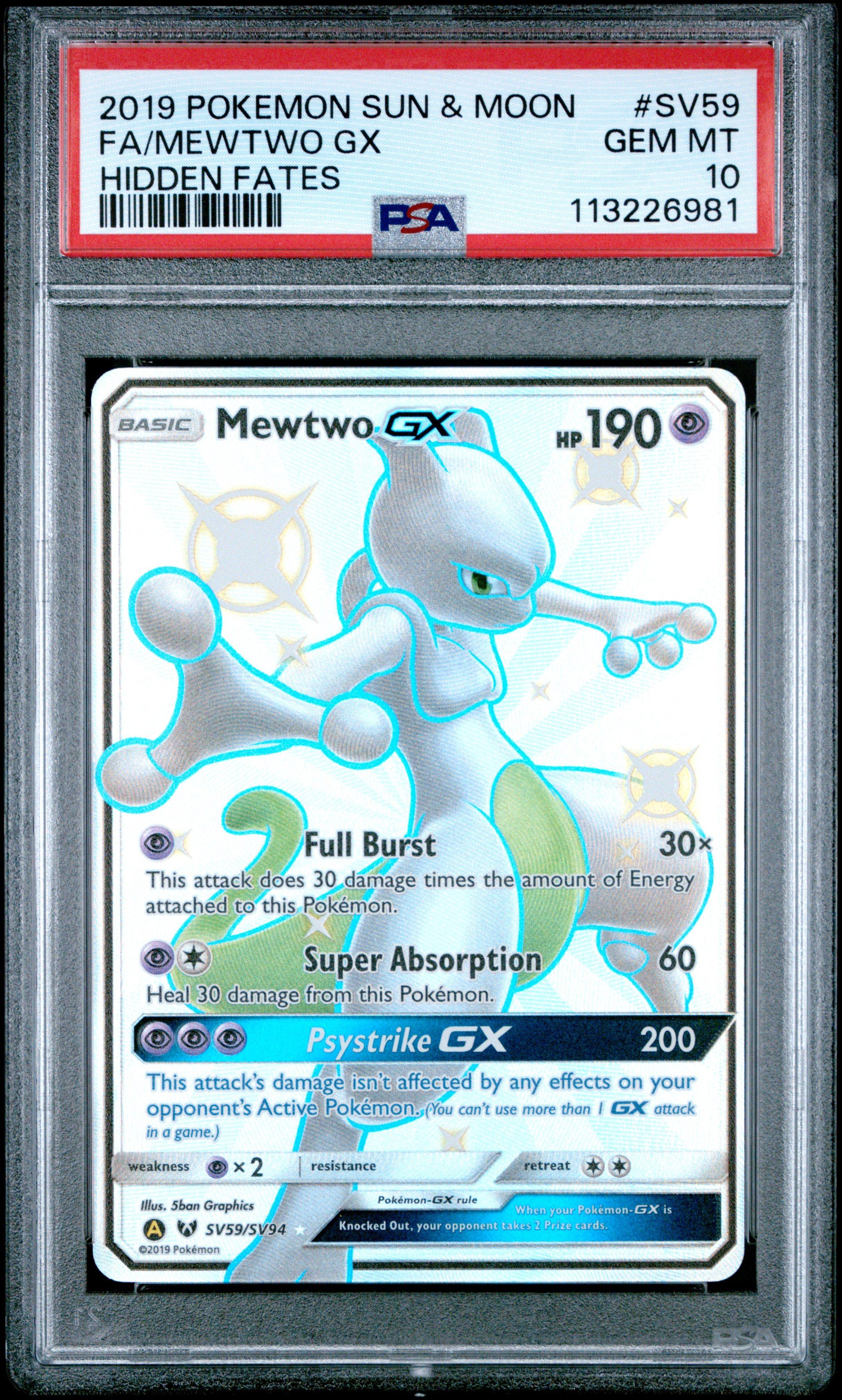2019 Pokemon Sun & Moon Hidden Fates Sv59 Full Art/mewtwo Gx PSA