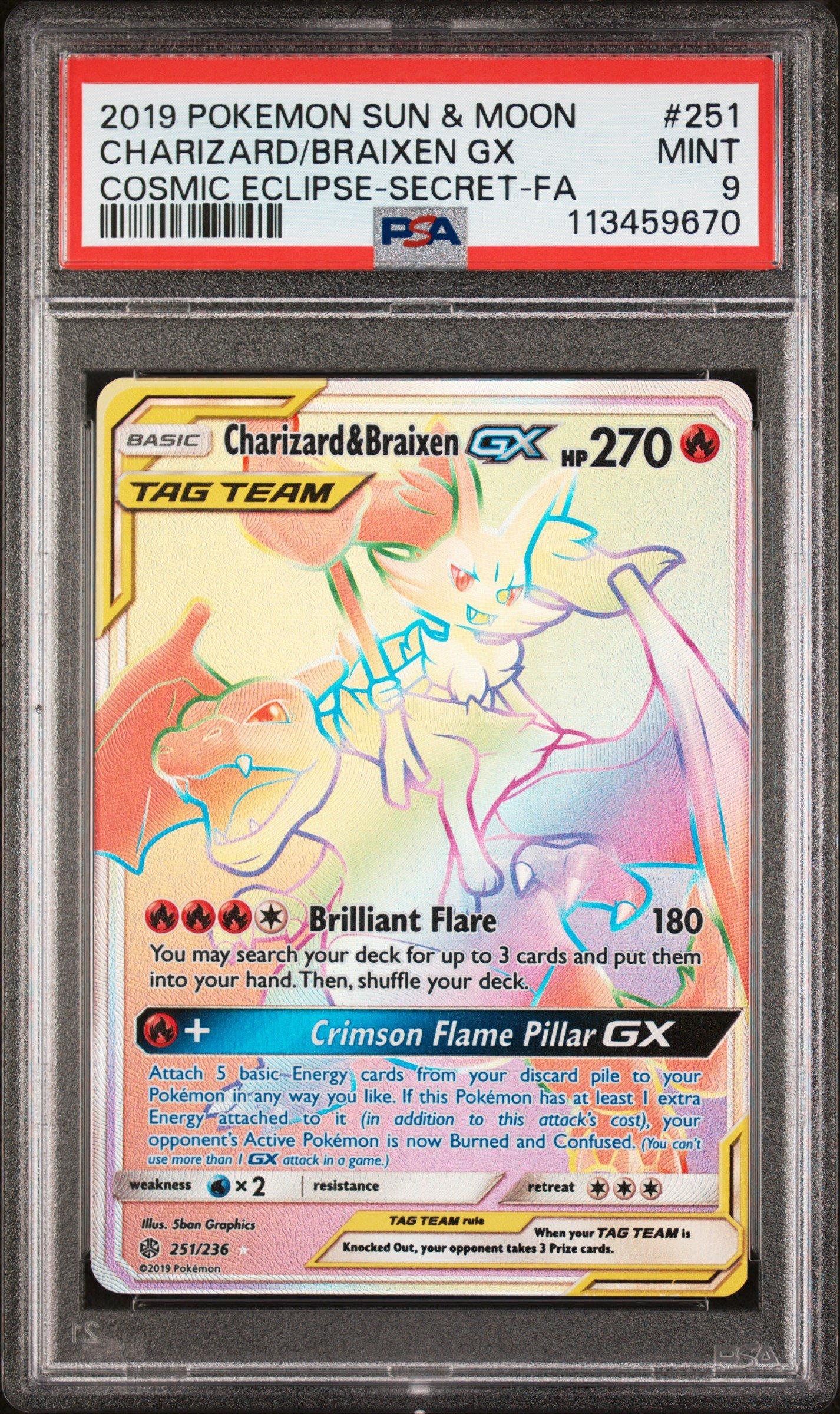 2019 Pokemon Sun & Moon Cosmic Eclipse 251 Full Art/charizard & Braixen Gx Secret PSA
