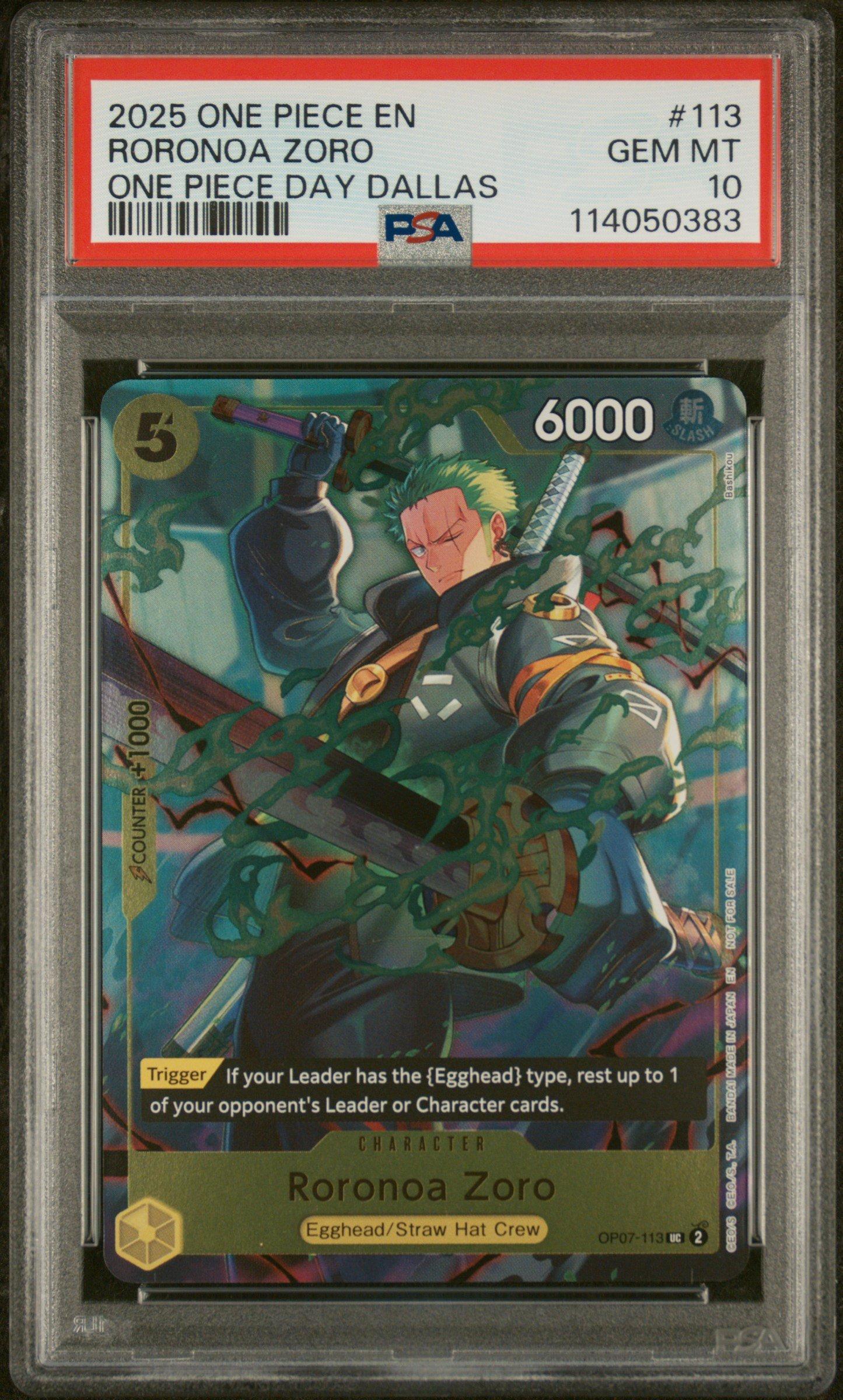 2025 One Piece Promos 113 Roronoa Zoro One Piece Day Dallas PSA 10