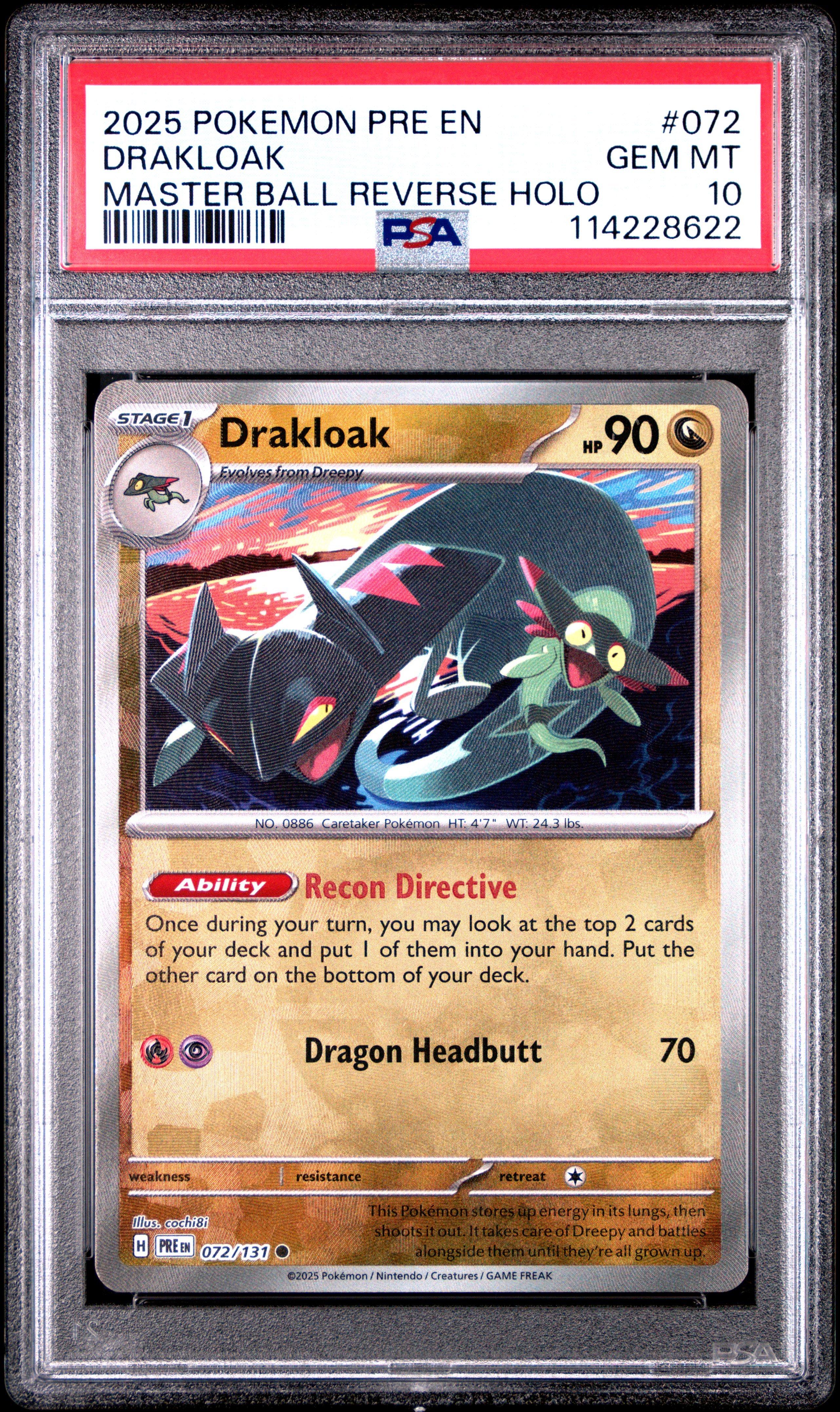 2025 Pokemon Pre En-prismatic Evolutions 072 Drakloak Master Ball Reverse Holo PSA 10