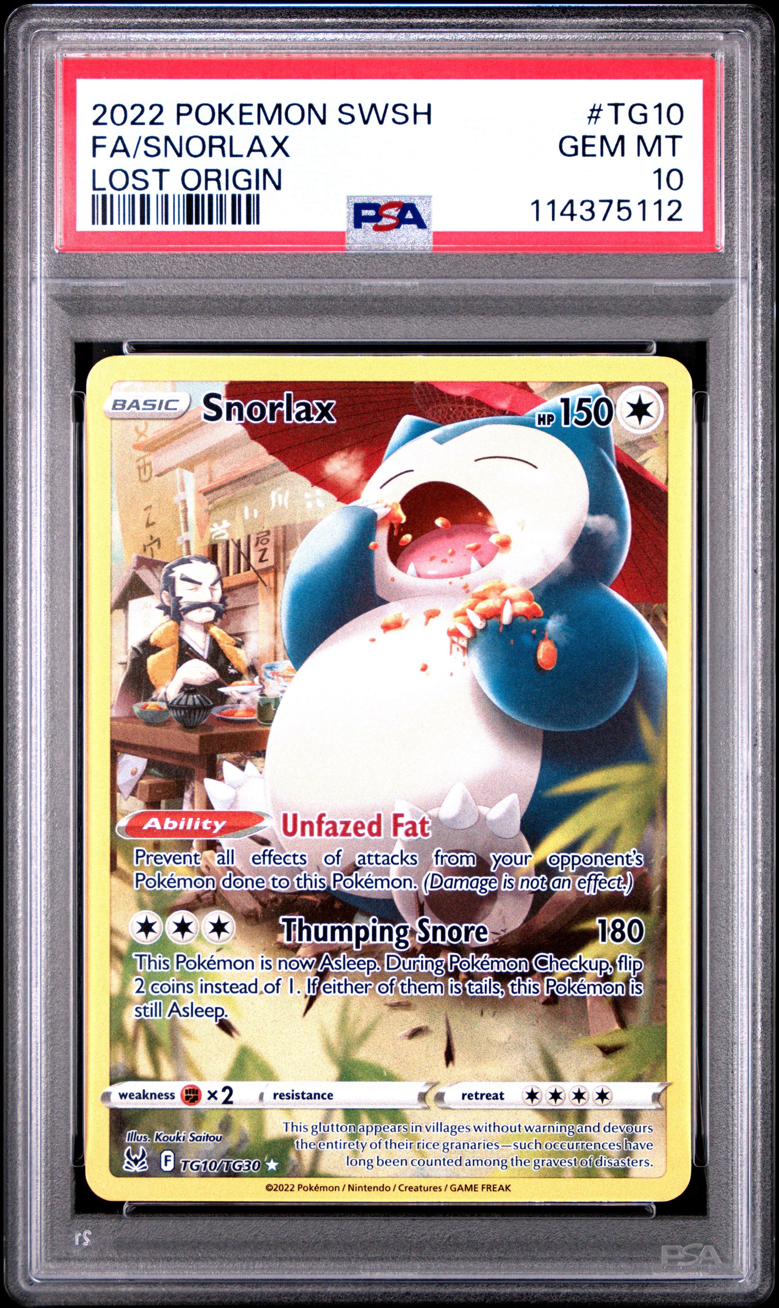 2022 Pokemon Sword & Shield Lost Origin Tg10 Full Art/snorlax PSA