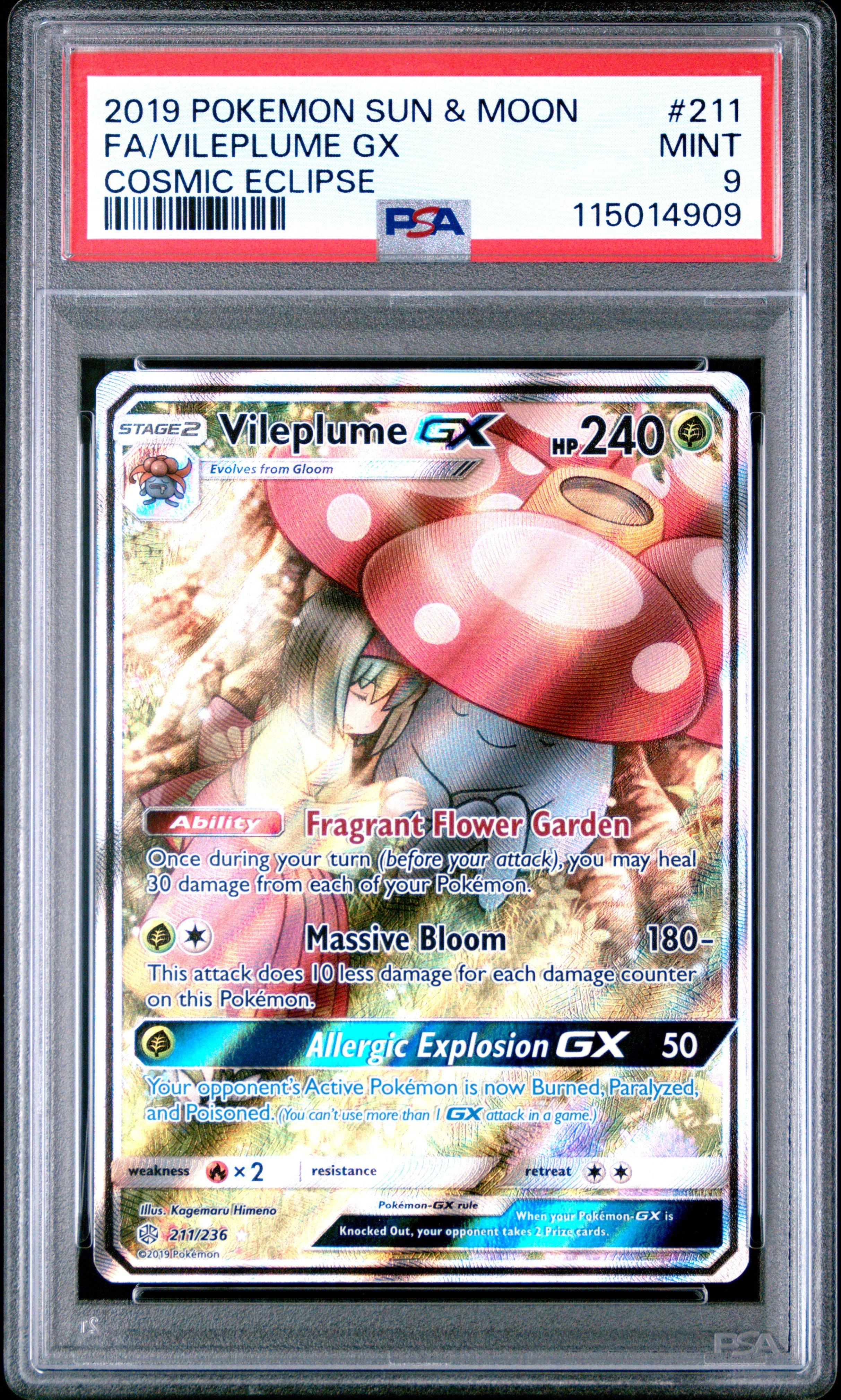 2019 Pokemon Sun & Moon Cosmic Eclipse 211 Full Art/vileplume Gx PSA