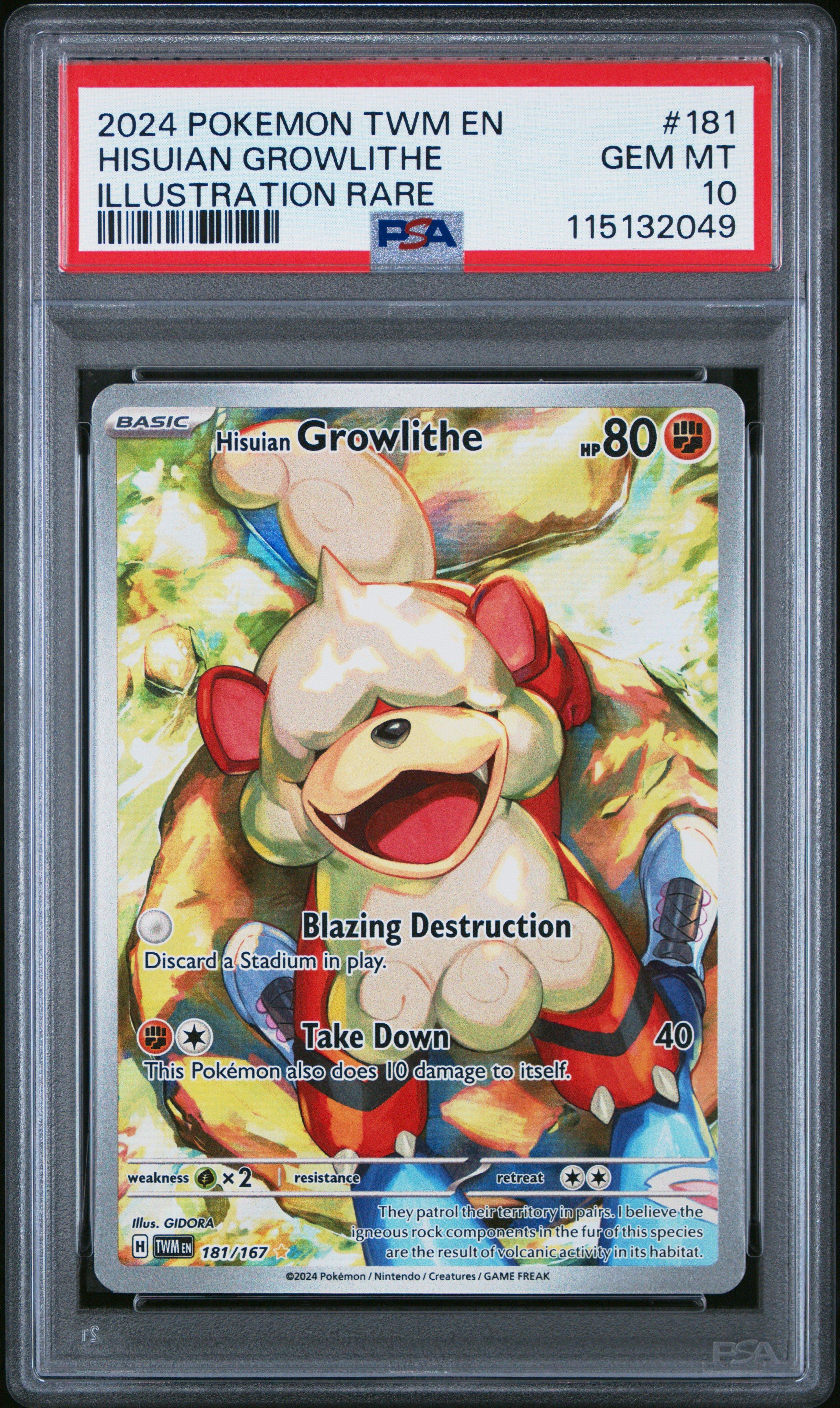 2024 Pokemon Twm En-Twilight Masquerade 181 Hisuian Growlithe Illustration Rare PSA 10