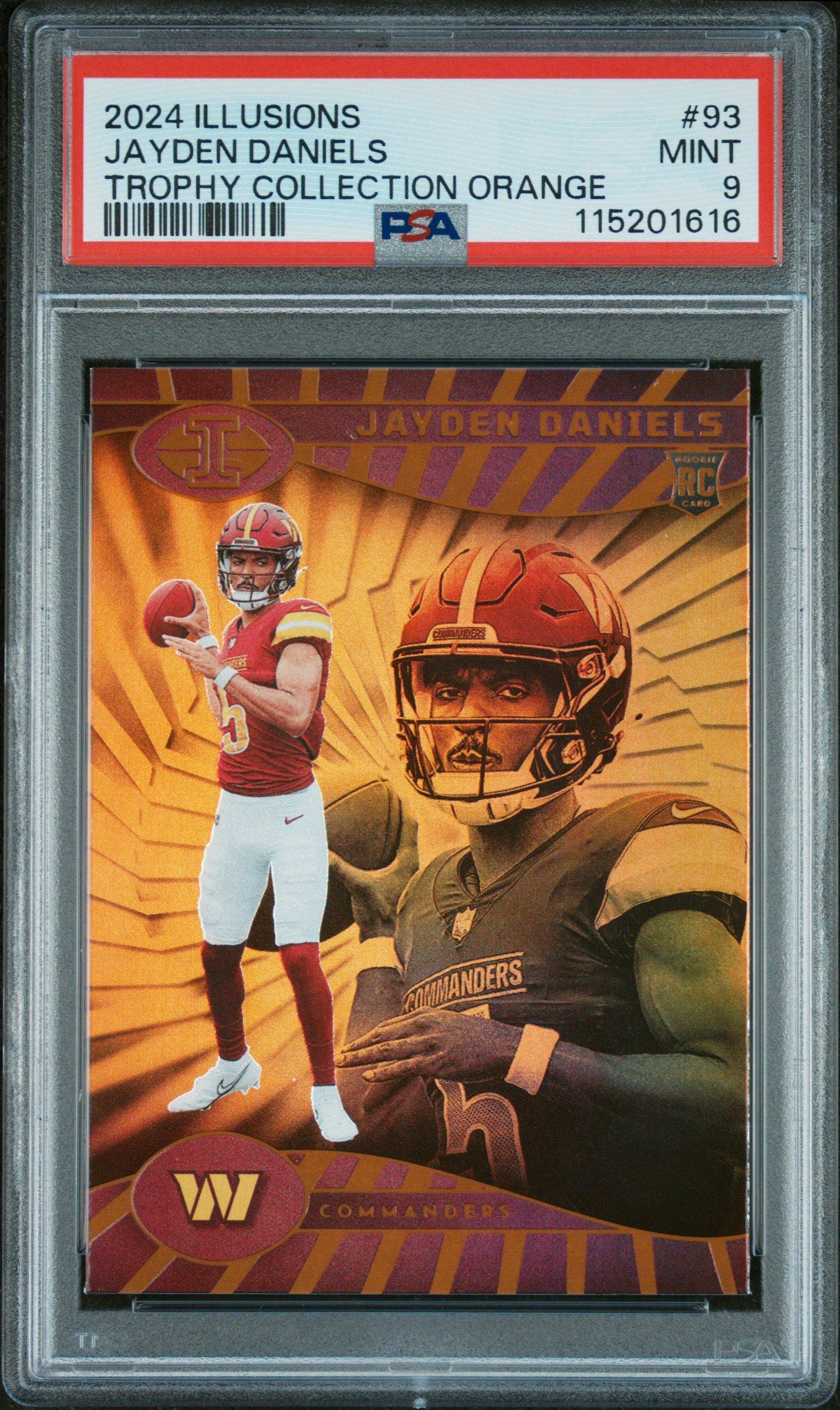 2024 Panini Illusions 93 Jayden Daniels Trophy Collection Orange PSA 9